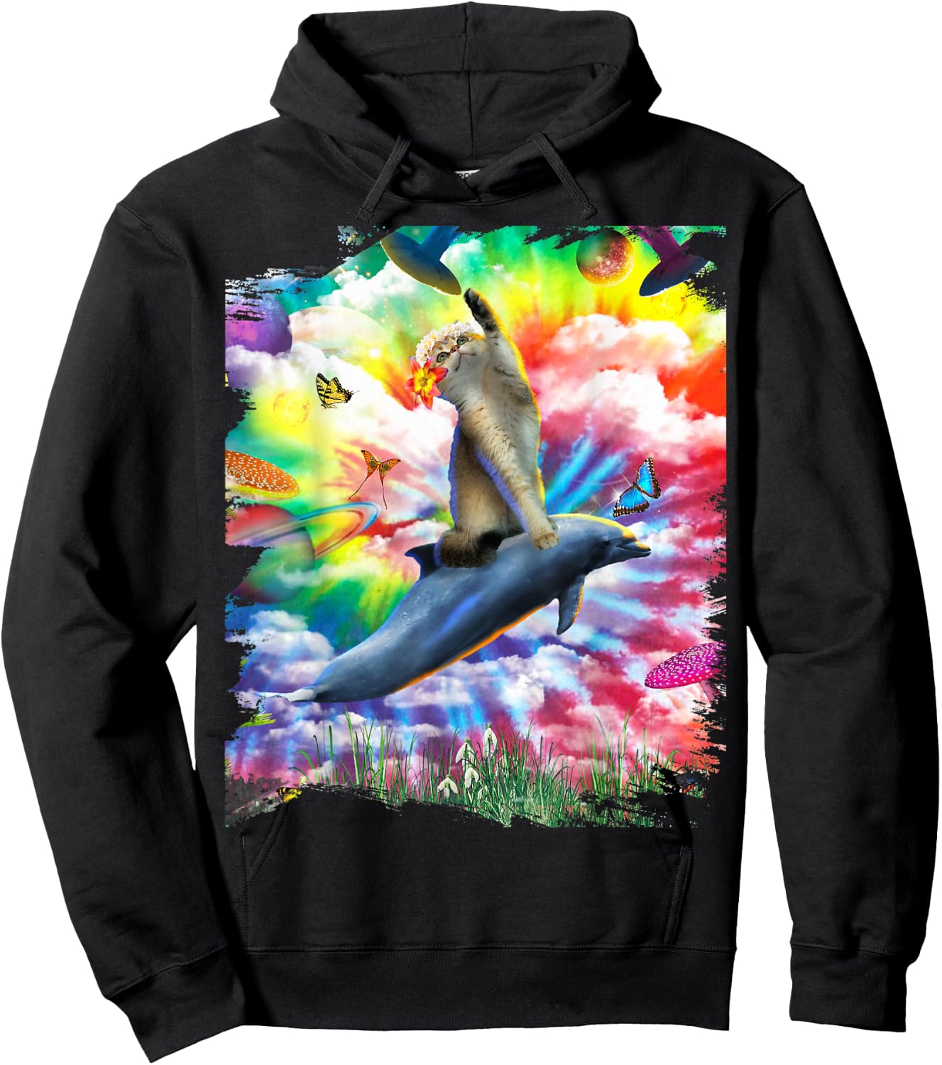 Cat Riding Dolphin Trippy Tie Dye Hoodie - Hoodie | Black