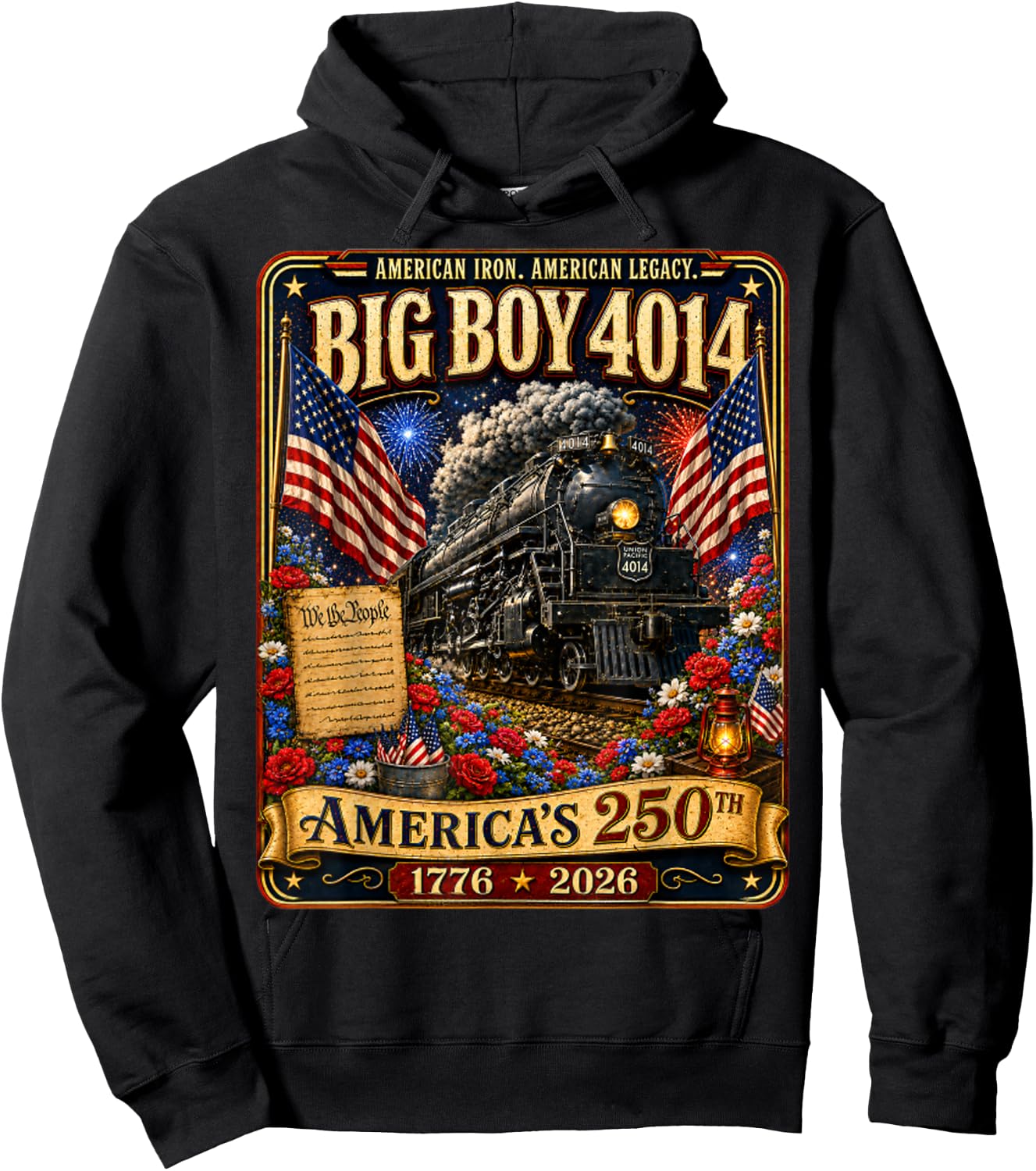 Vintage Big Boy 4014 Train 4th of July Retro US Flag Hoodie - Hoodie | Black