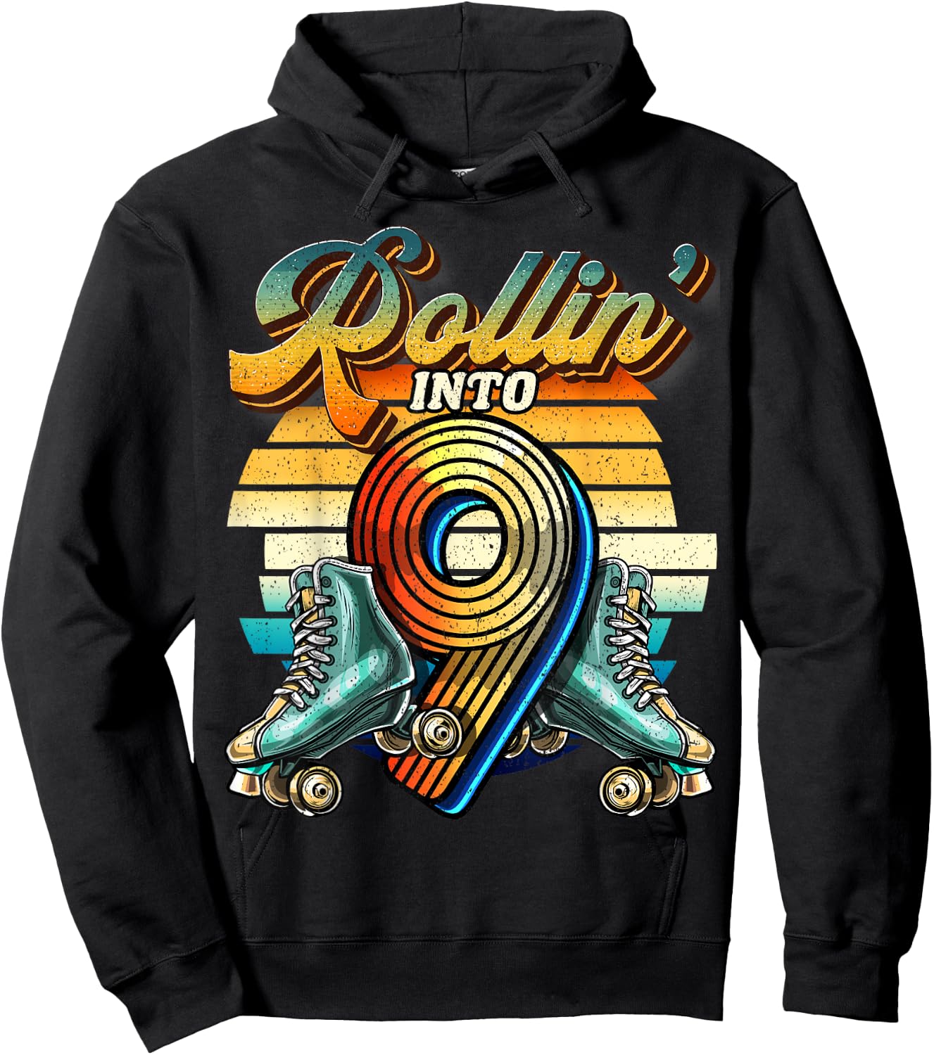 Rollin' into 9 Roller Skating Rink 9th Birthday Party Girls Hoodie - Hoodie | Black