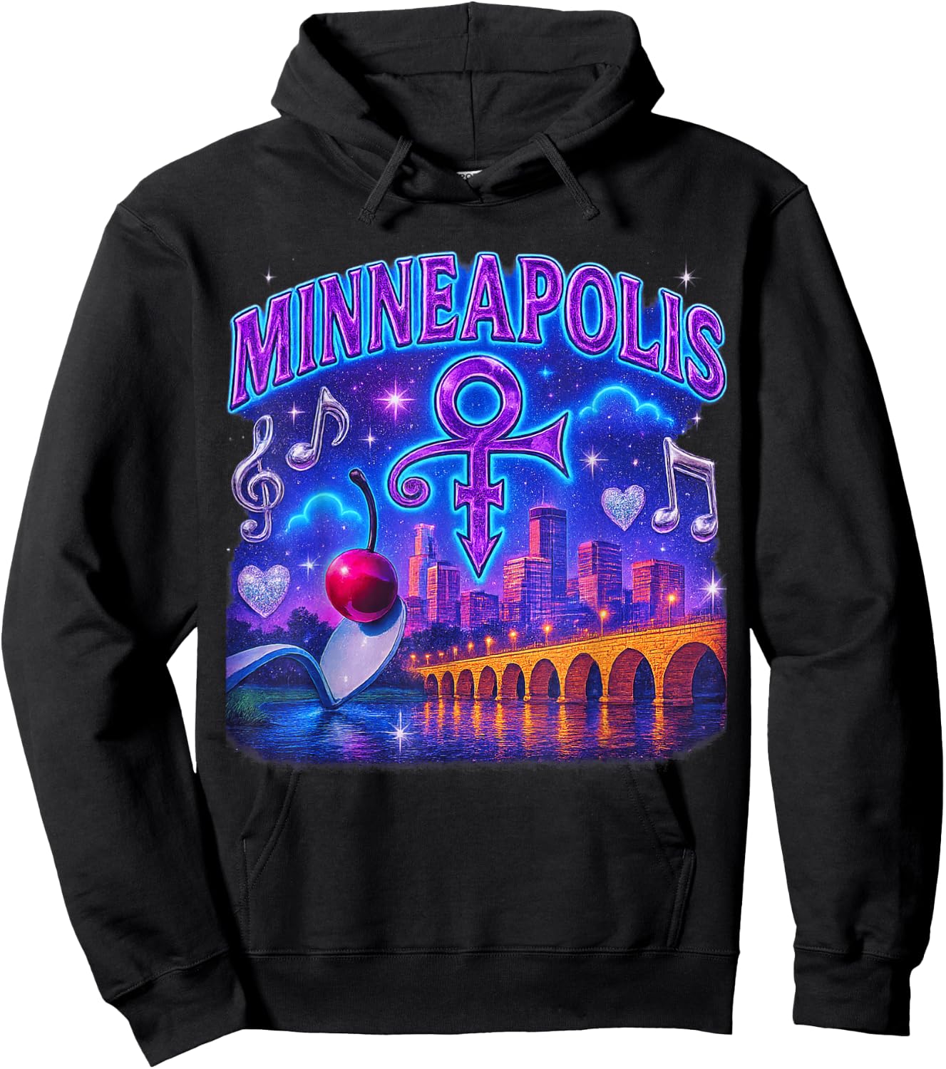 Minneapolis Retro Bootleg Skyline Spoonbridge Artwork Hoodie - Hoodie | Black