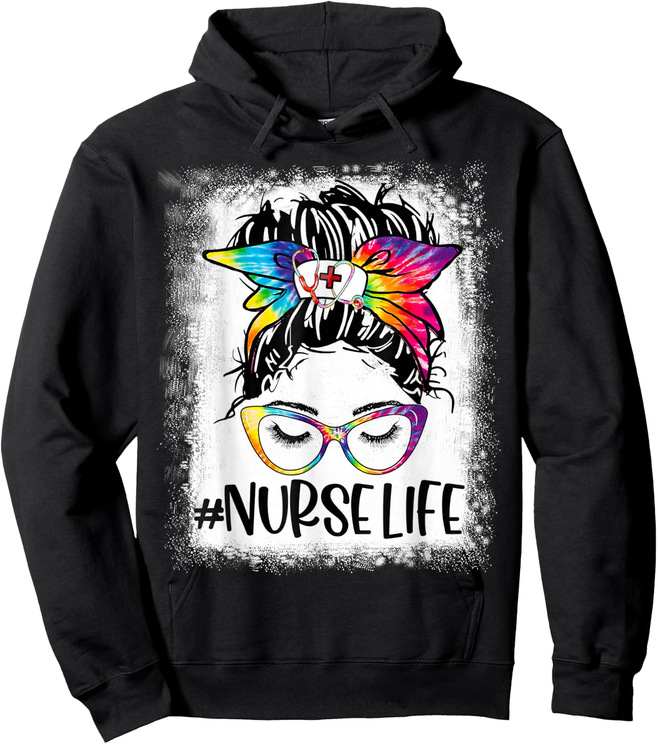 Nurse Life Bleached Tie Dye Messy Bun Nurse Week 2022 Hoodie - Hoodie | Black