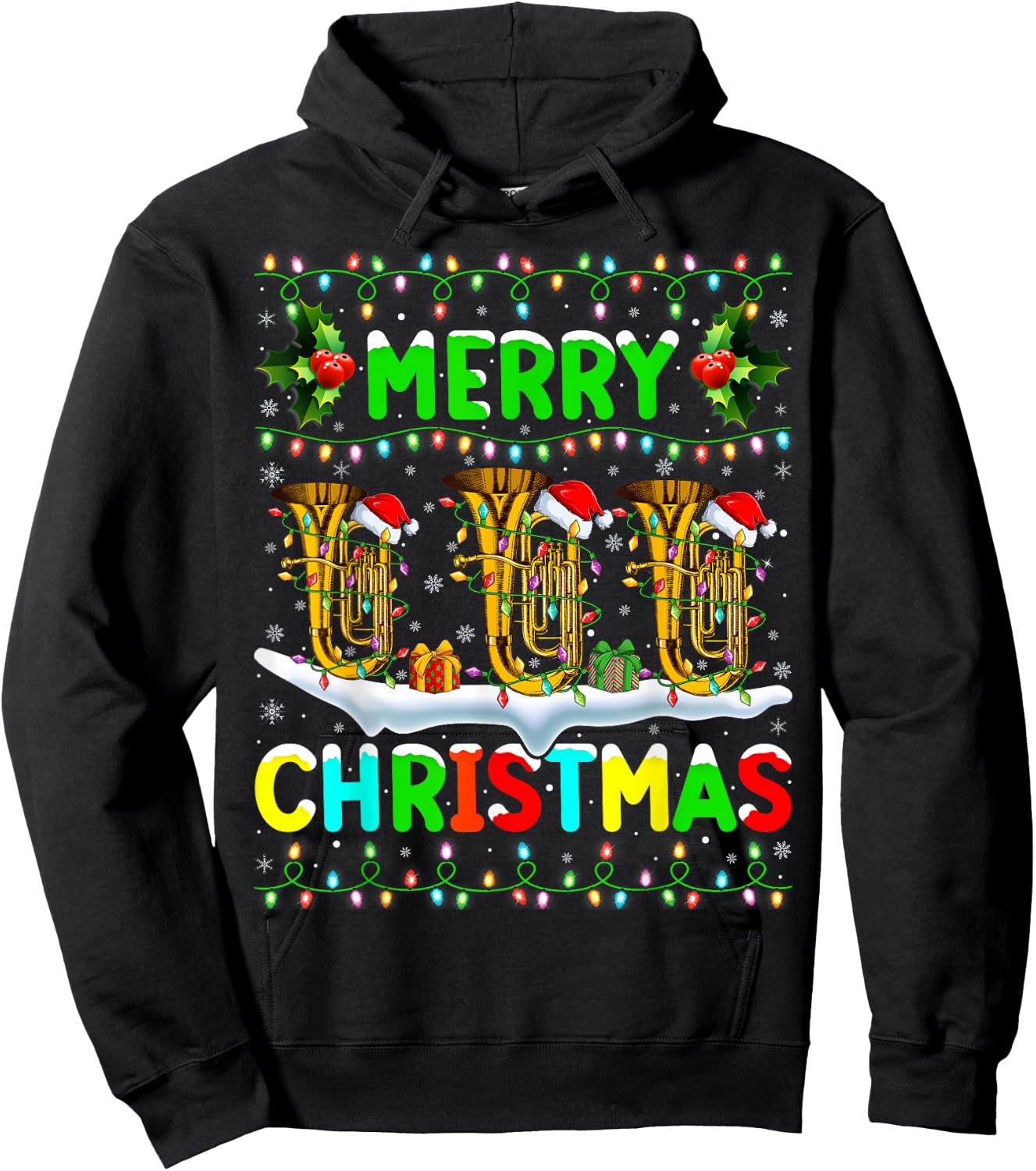 Xmas Tuba Lighting Santa Hat Merry Christmas Tuba Hoodie - Hoodie | Black
