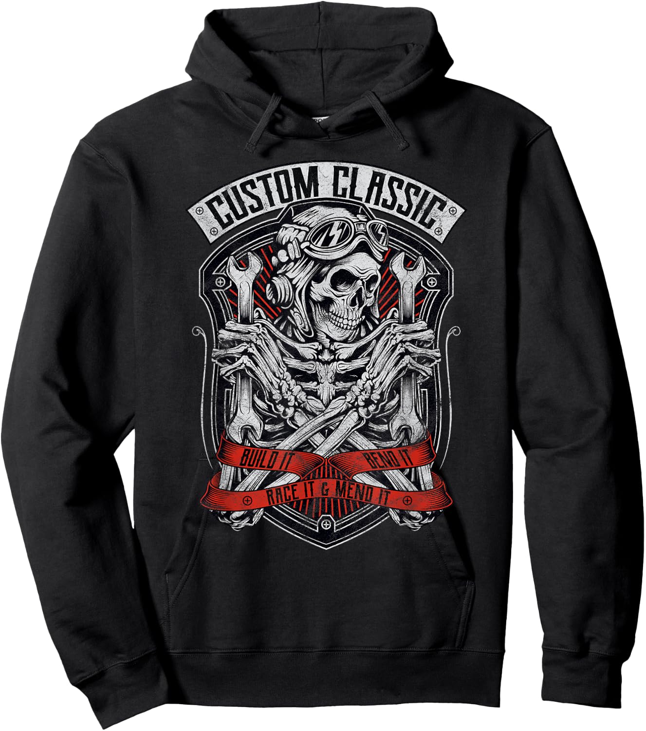 Skeleton Mechanic Design Classic Biker, Speedway, Hot Rod Hoodie - Hoodie | Black