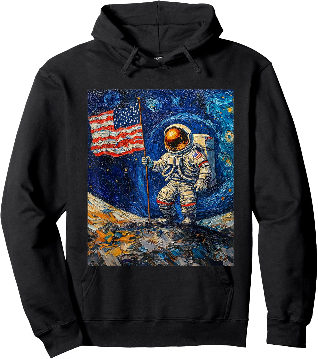 Astronaut on Moon Van Gogh Style Starry Night Graphic Hoodie - Hoodie | Black