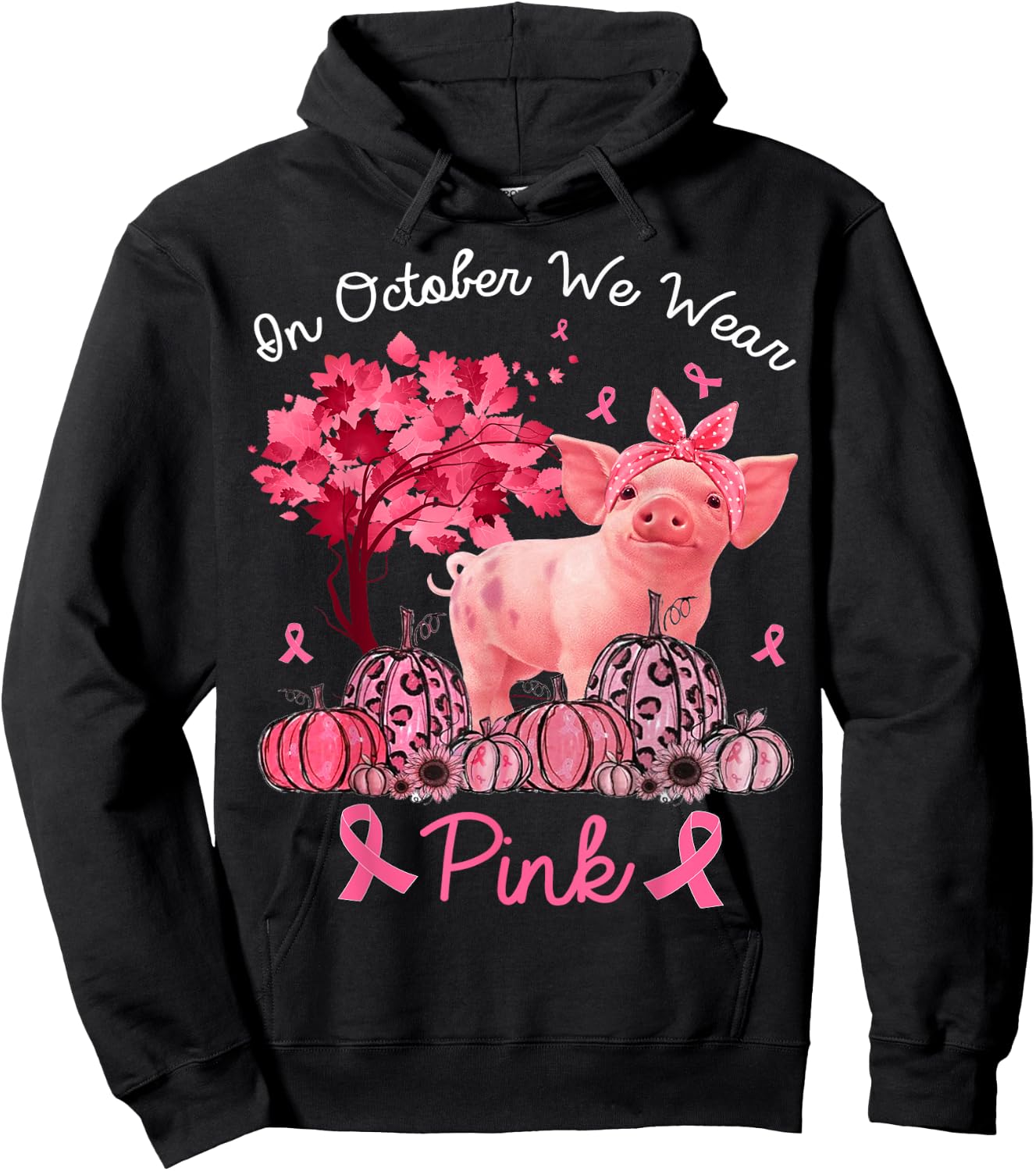 Pig In October We Wear Pink Pumpkin Breast Cancer Hoodie - Hoodie | Black