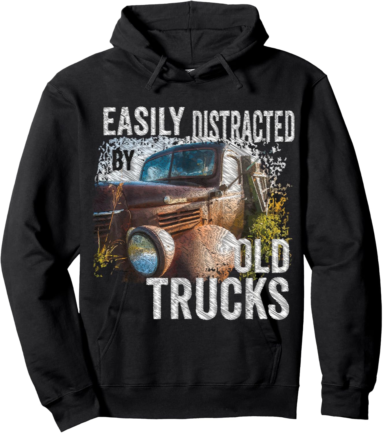 Easily Distracted By Old Pickup Trucks Classic Cars, Trucker Hoodie - Hoodie | Black