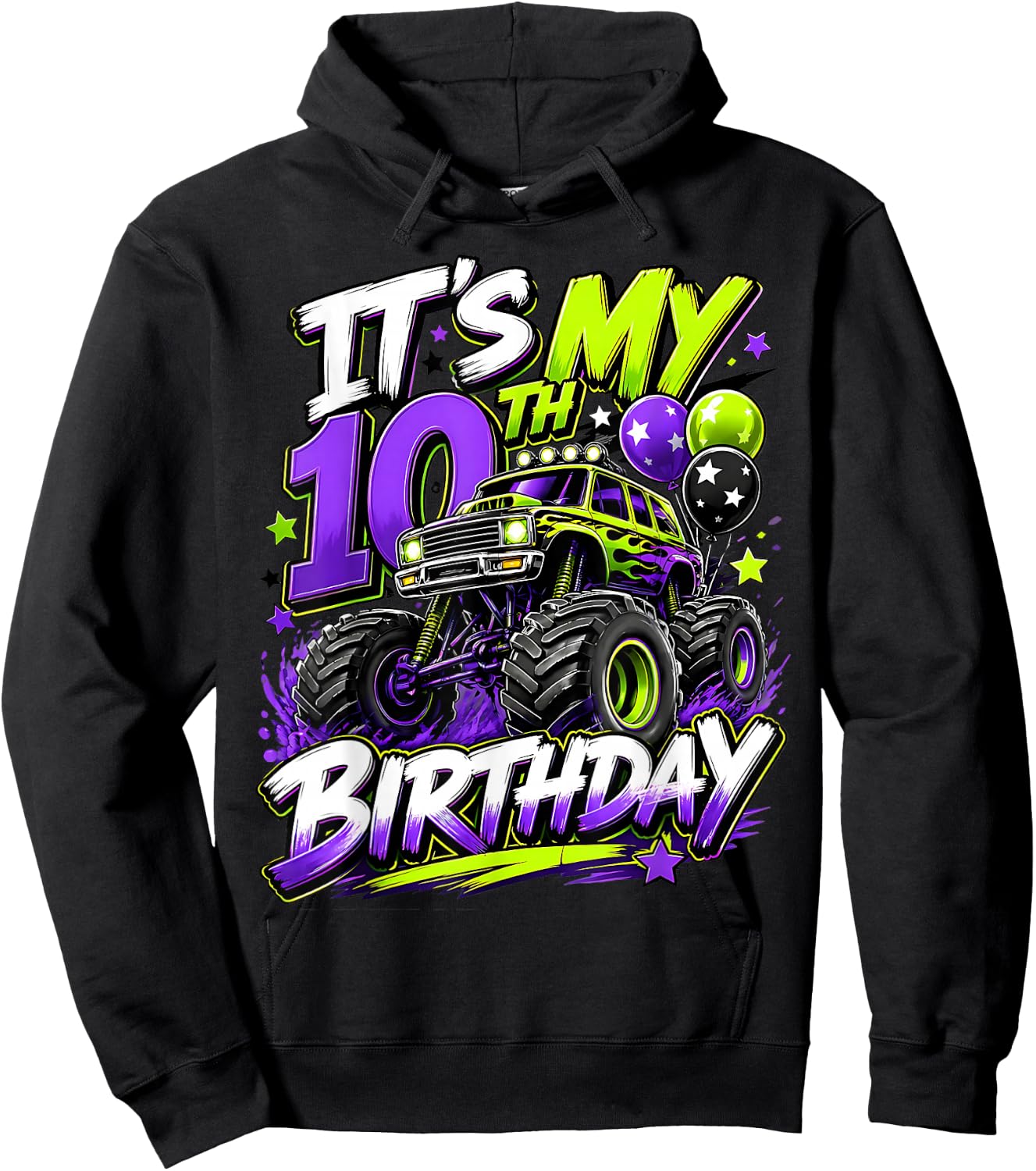 10th Birthday Monster Truck Party 10 Years Old Boys Theme Hoodie - Hoodie | Black
