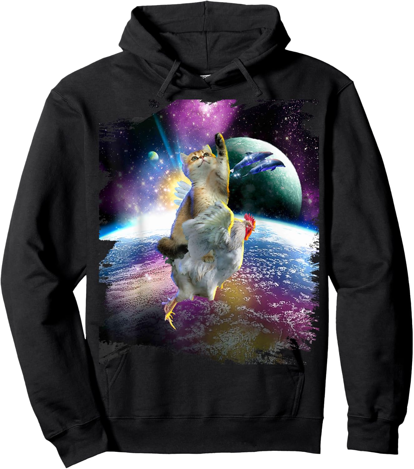 Cat Riding Chicken Space Galaxy Earth Hoodie - Hoodie | Black
