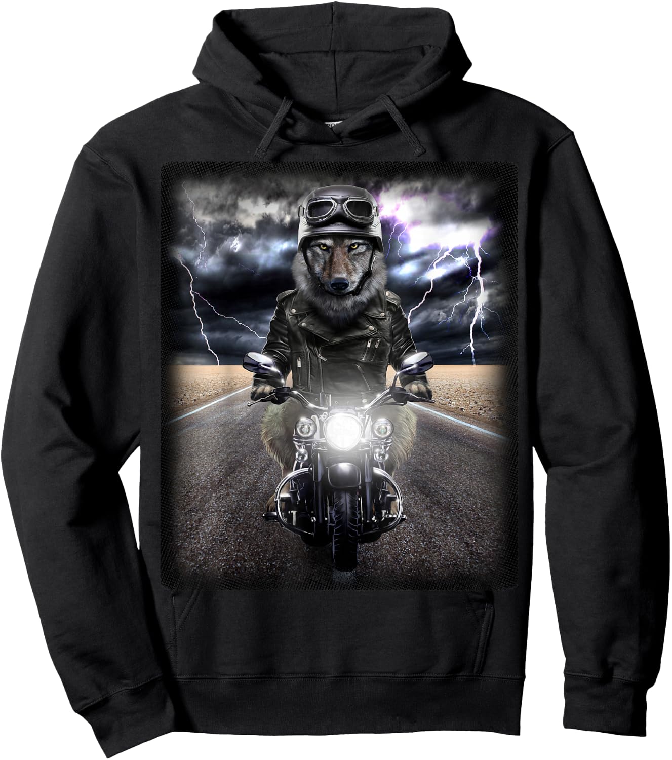Mean Biker Wolf Cruising on Motorcycle in Highway Hoodie - Hoodie | Black