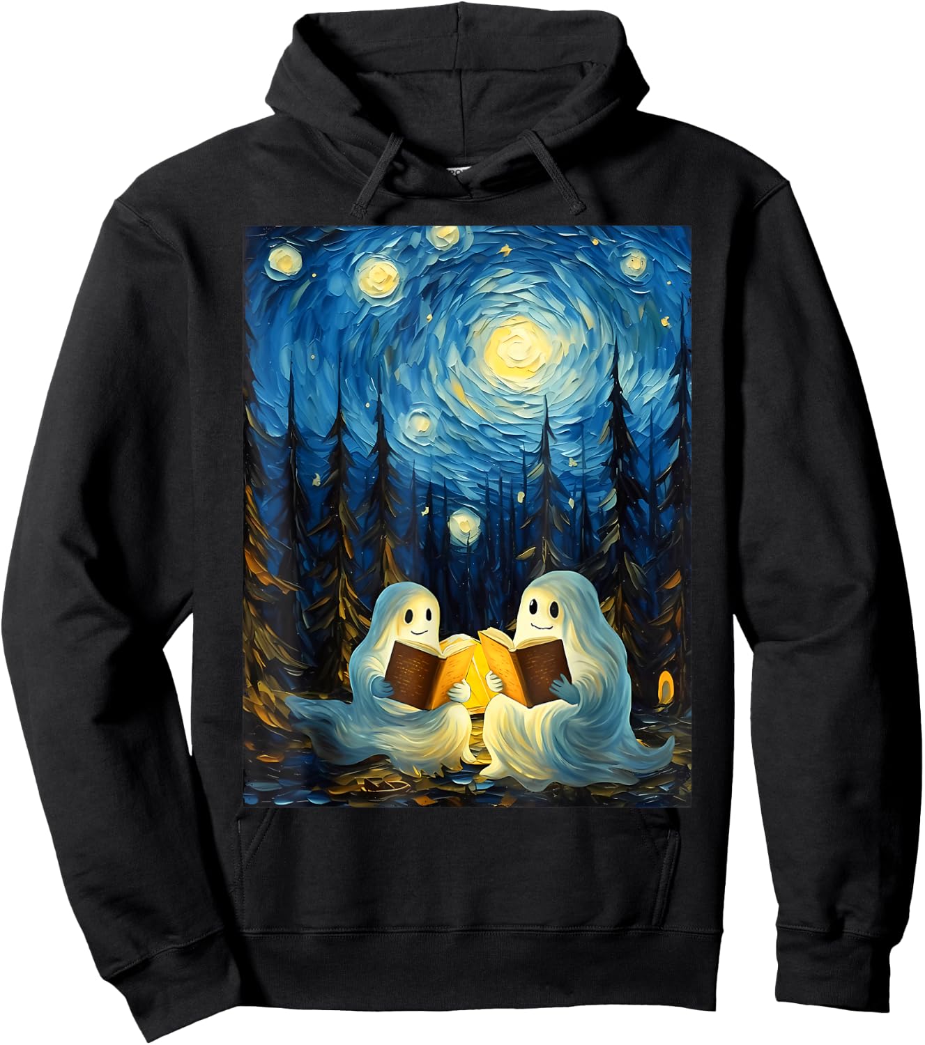 Van Gogh Starry Night Ghost Book Reading Camping Halloween Hoodie - Hoodie | Black