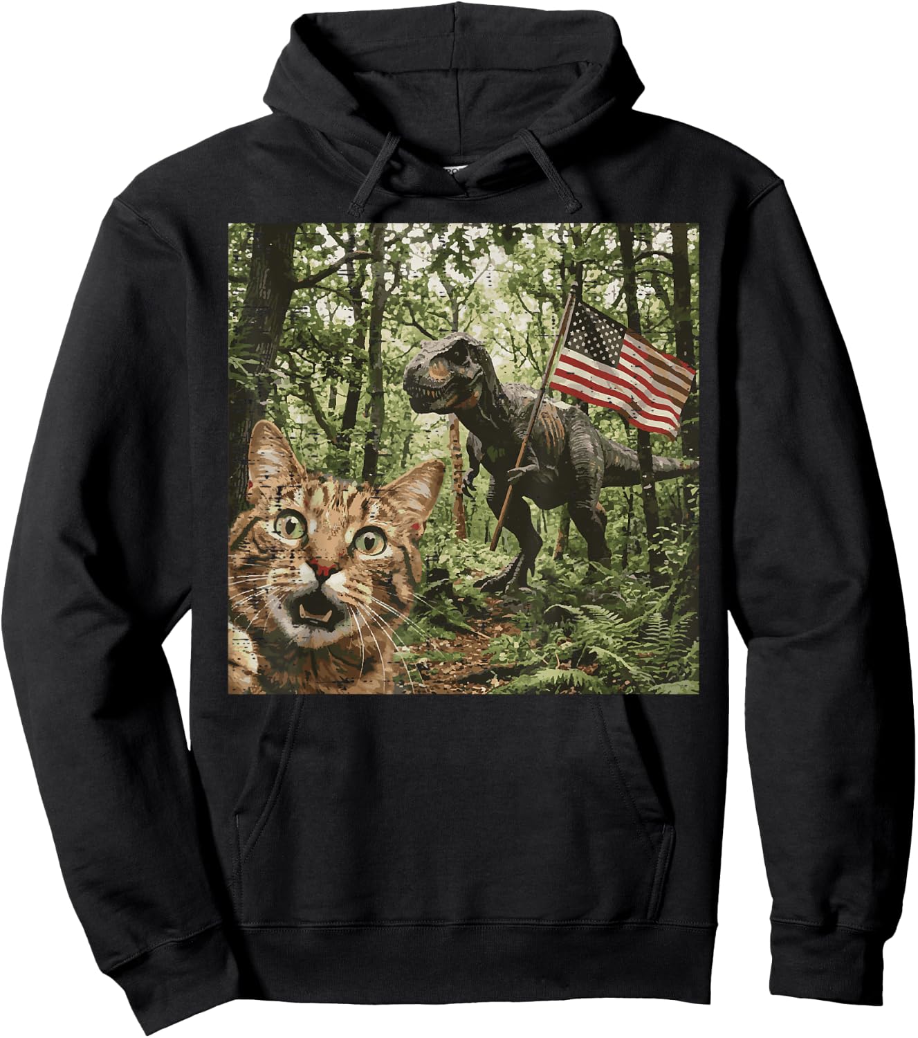 Cat Dino Trex Selfie US Flag Funny 4th of July Men Women Kid Hoodie - Hoodie | Black