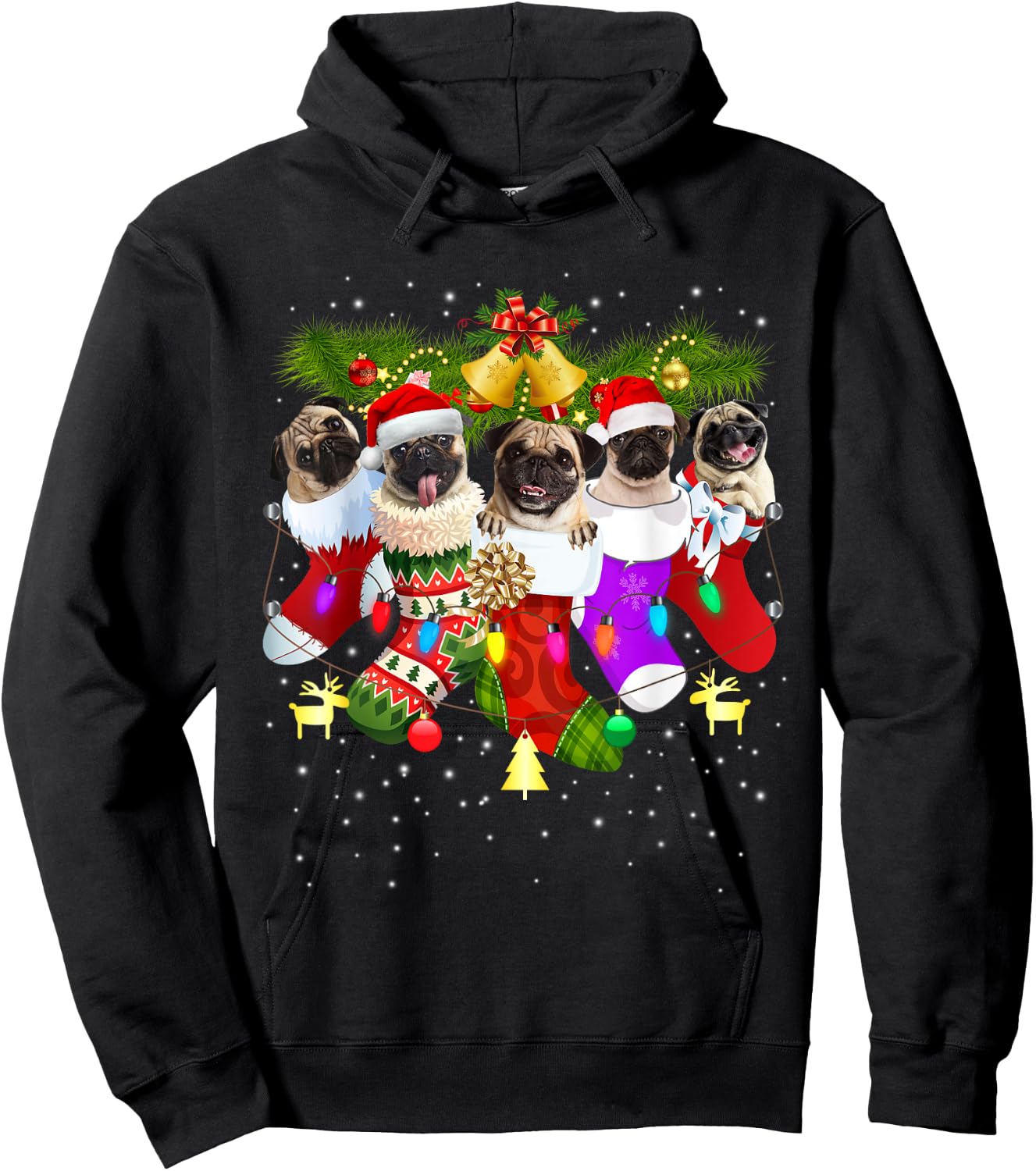 Santa Pugs in Christmas Socks Funny Xmas Dog Lover Pug Mom Hoodie - Hoodie | Black