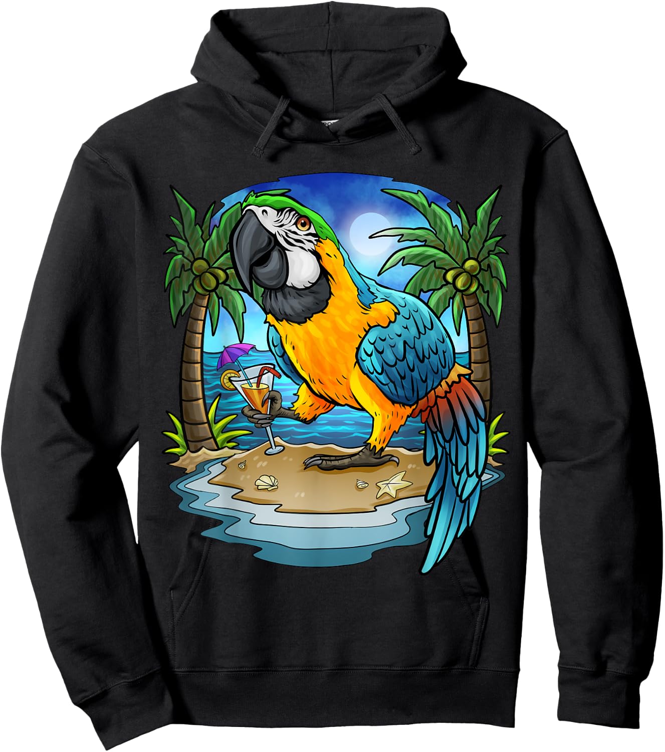 Blue and Gold Macaw Parrot Drinking Margaritas Vacation Bird Hoodie - Hoodie | Black