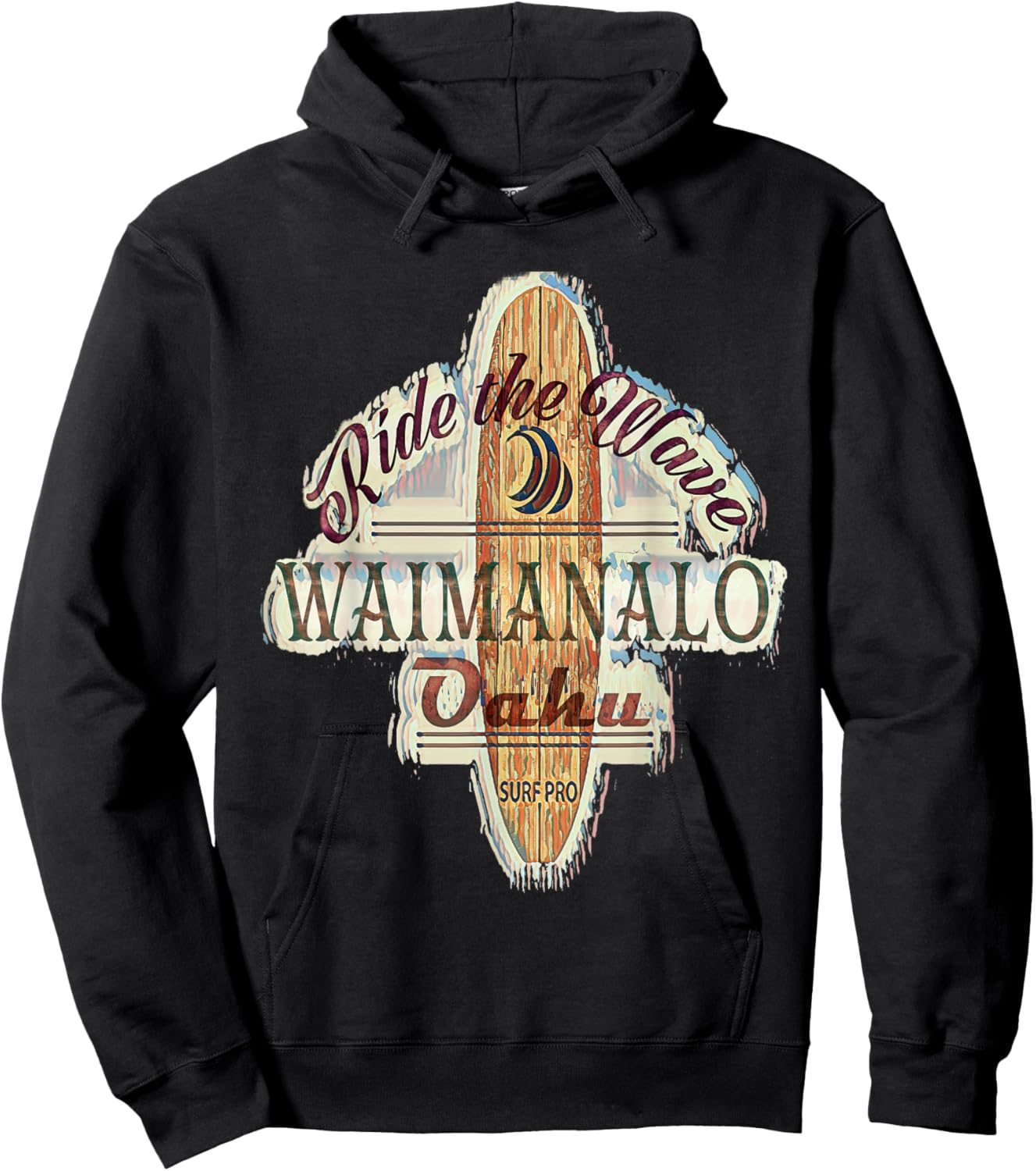 Surfing, Surfboard, Distressed Longboard Waimanalo Oahu Hoodie - Hoodie | Black