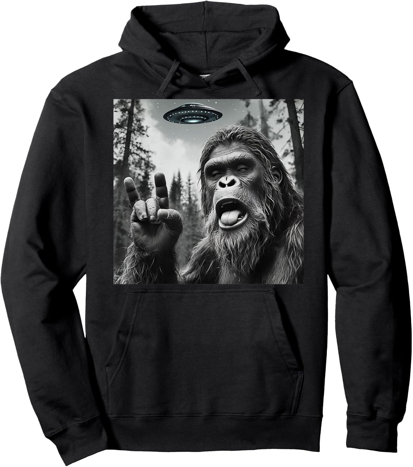 Funny Sasquatch Bigfoot Rock On Selfie With UFO Alien Hoodie - Hoodie | Black