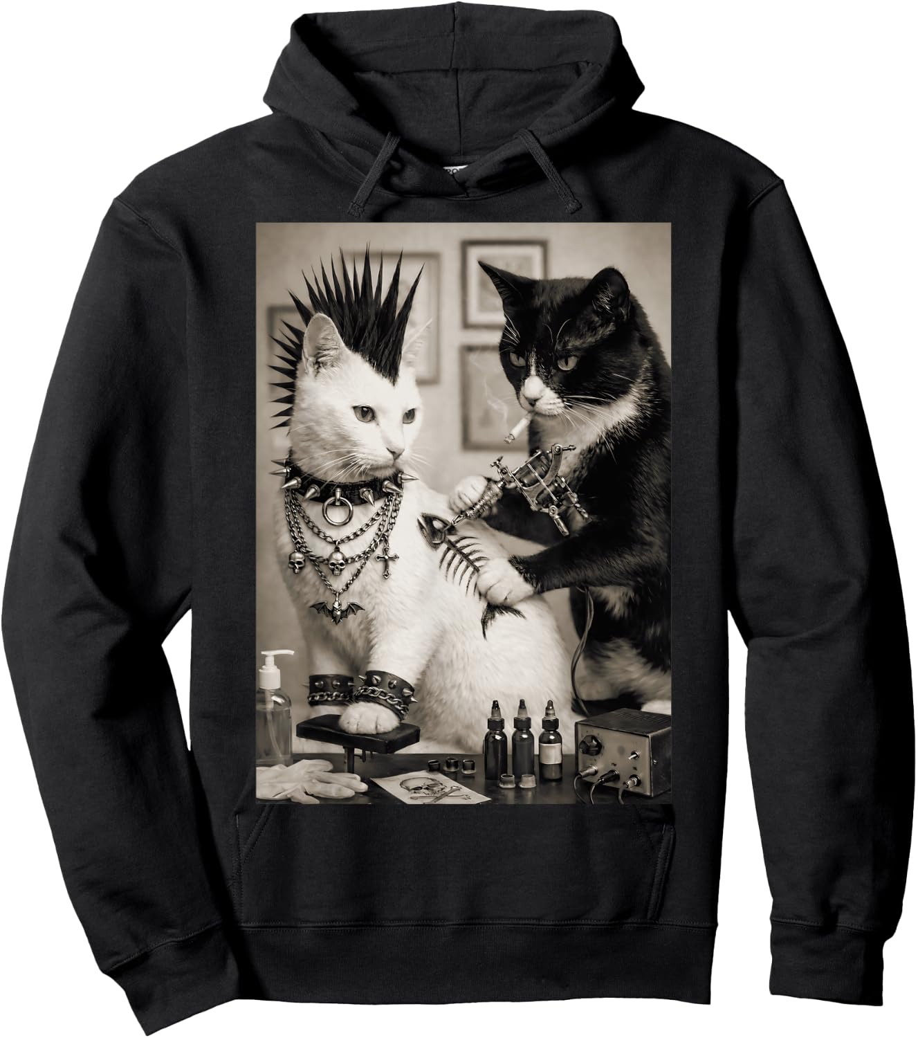 Funny Punk Tattoo Cats Rockabilly Art Meme Humor Hoodie - Hoodie | Black
