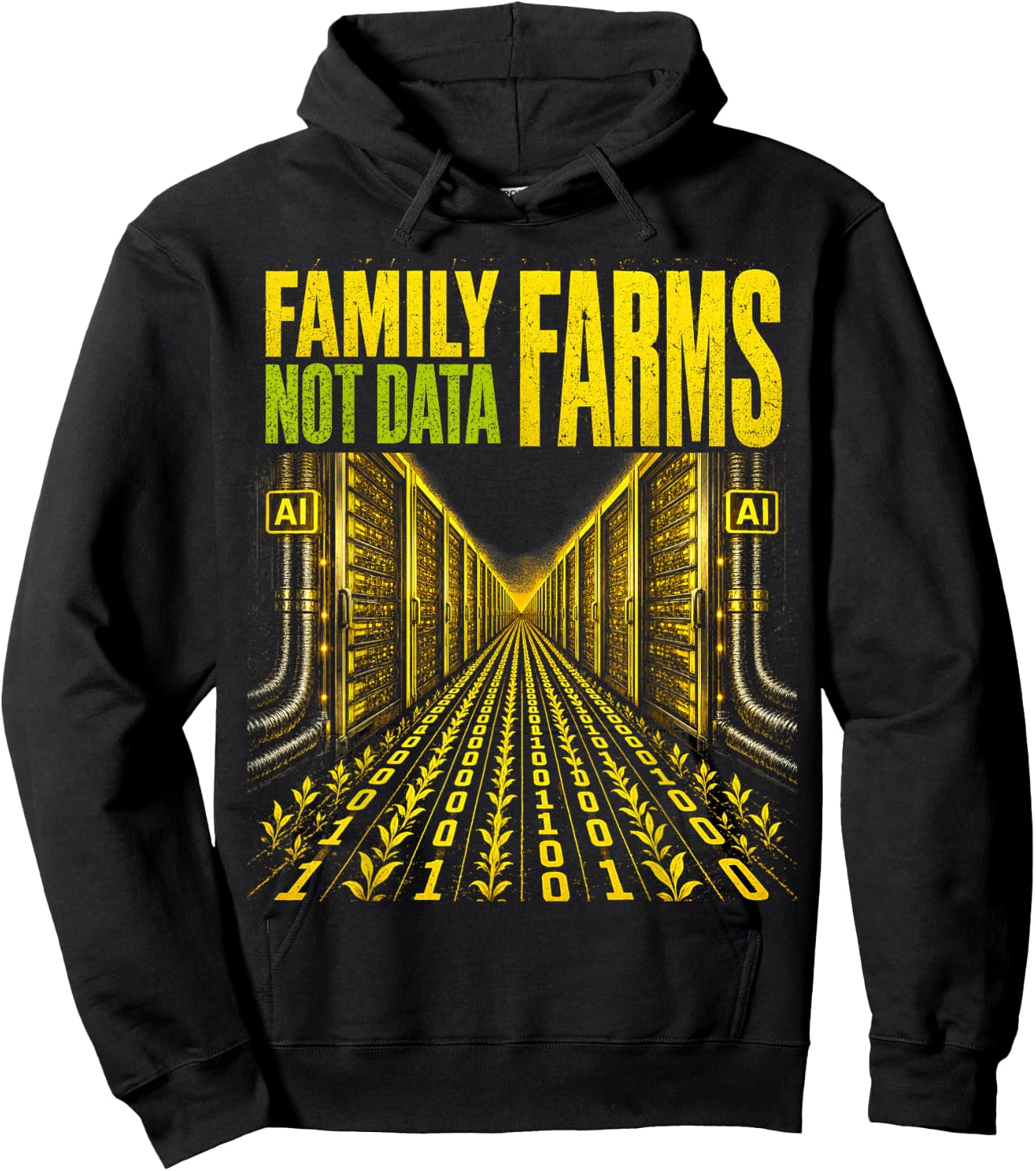 Family Farms Not Data Farm | AI Server Center Protest Hoodie - Hoodie | Black