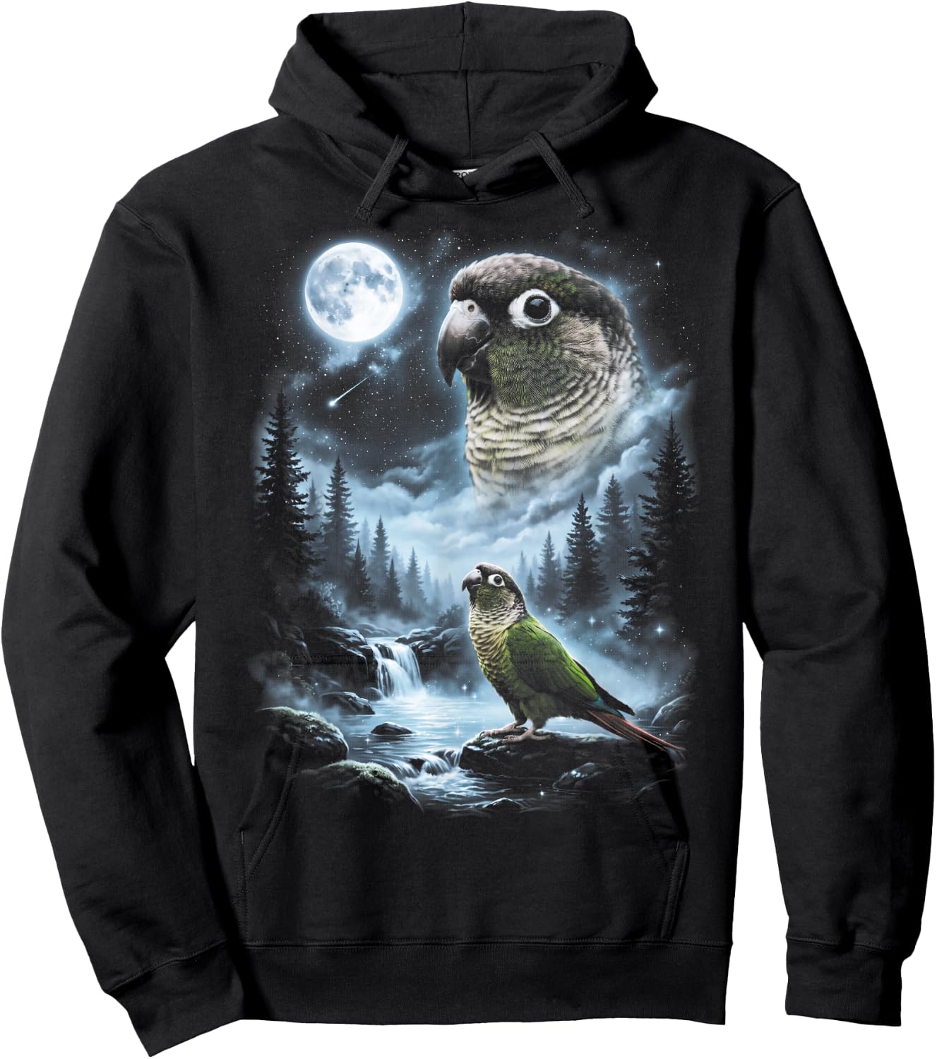 Green Cheek Conure Howling at Moon 90's Retro Parrot Hoodie - Hoodie | Black