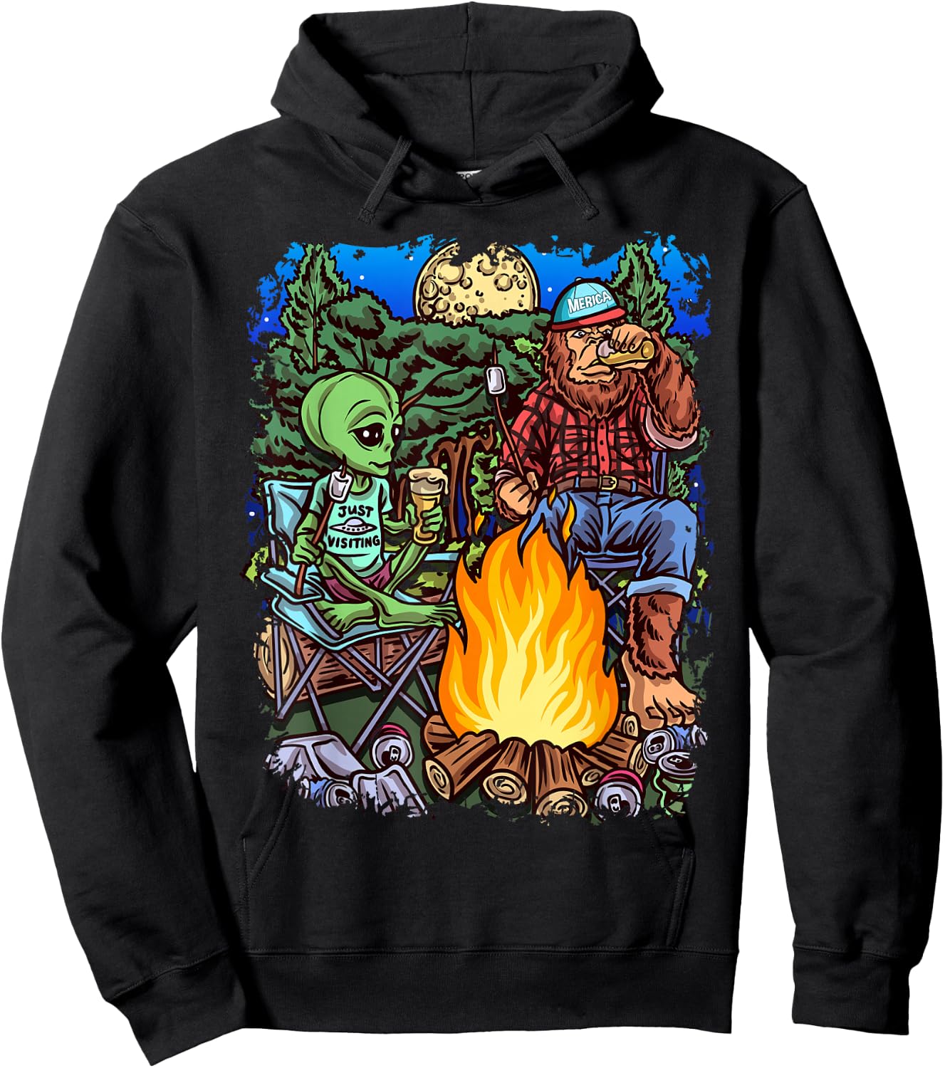 Funny Alien Camping Bigfoot Sasquatch Lumberjack Black Cotton Polyester , Men's Small, Short Sleeve, , Classic Fit, All Seasons, Imported Hoodie - Hoodie | Black