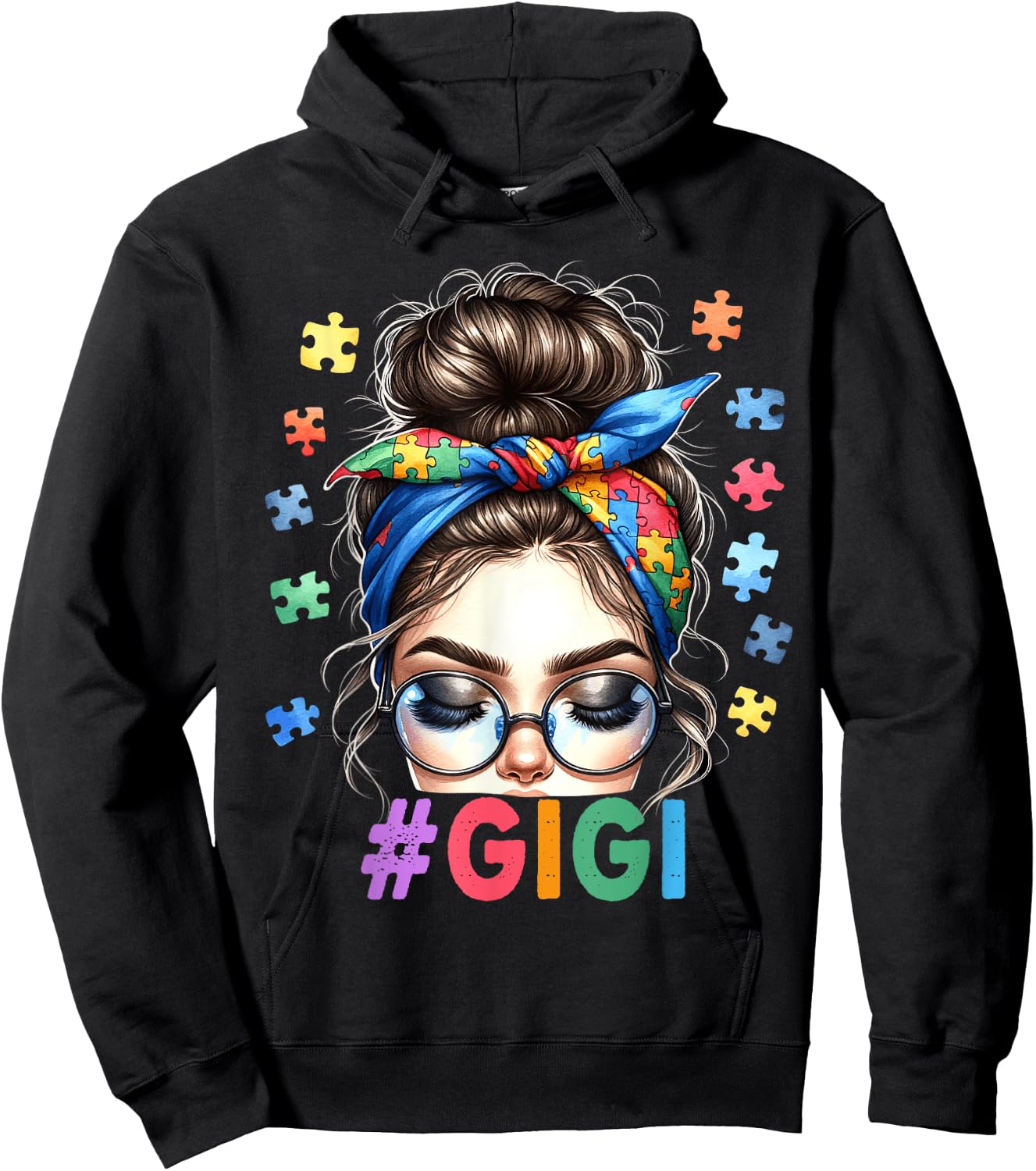 Gigi Autism Awareness Messy Bun Grandmother Granny Nana Mimi Hoodie - Hoodie | Black