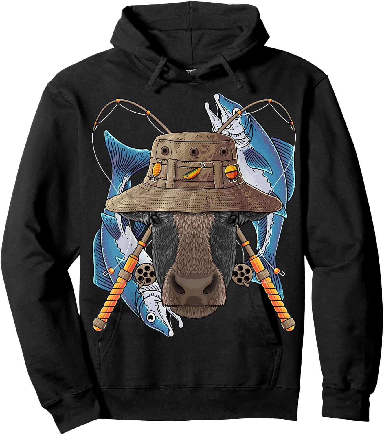 Fishing Cow Outdoor Fisherman Farm Animal Cute Fly Fishing Hoodie - Hoodie | Black