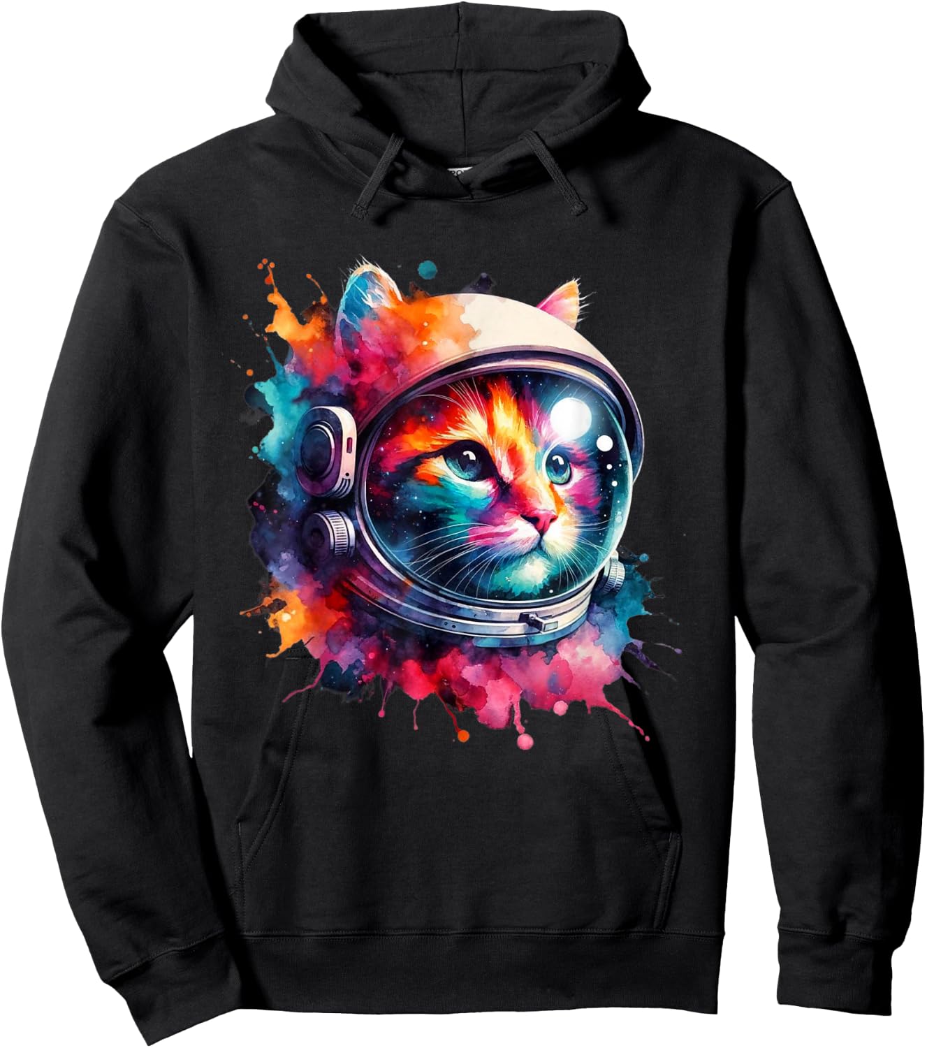 Funny Cat Astronaut Outer Space Watercolor Splash Cat Lover Hoodie - Hoodie | Black