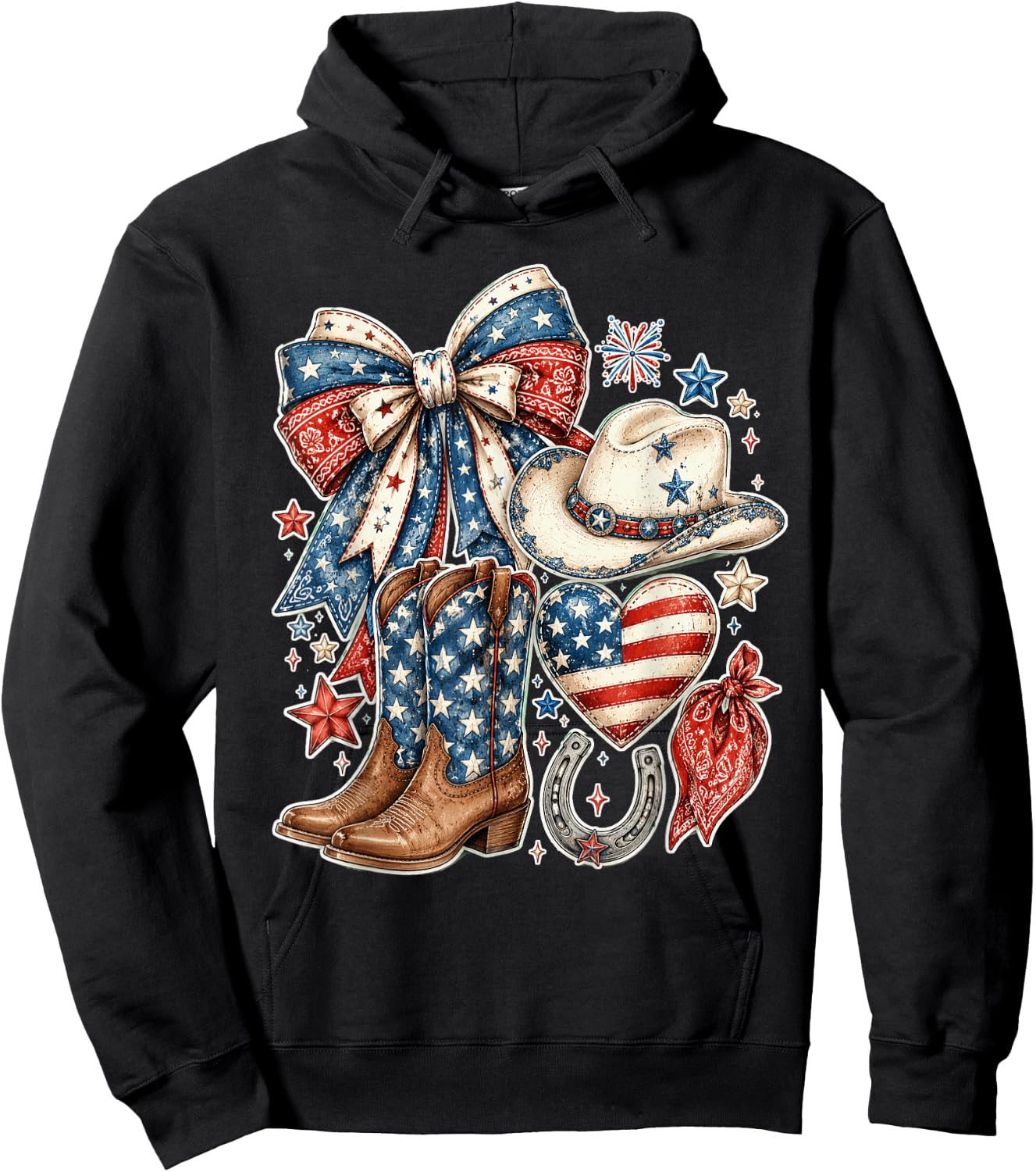 Western American Flag Farm Patriotic Cowgirl 4th of July Hoodie - Hoodie | Black