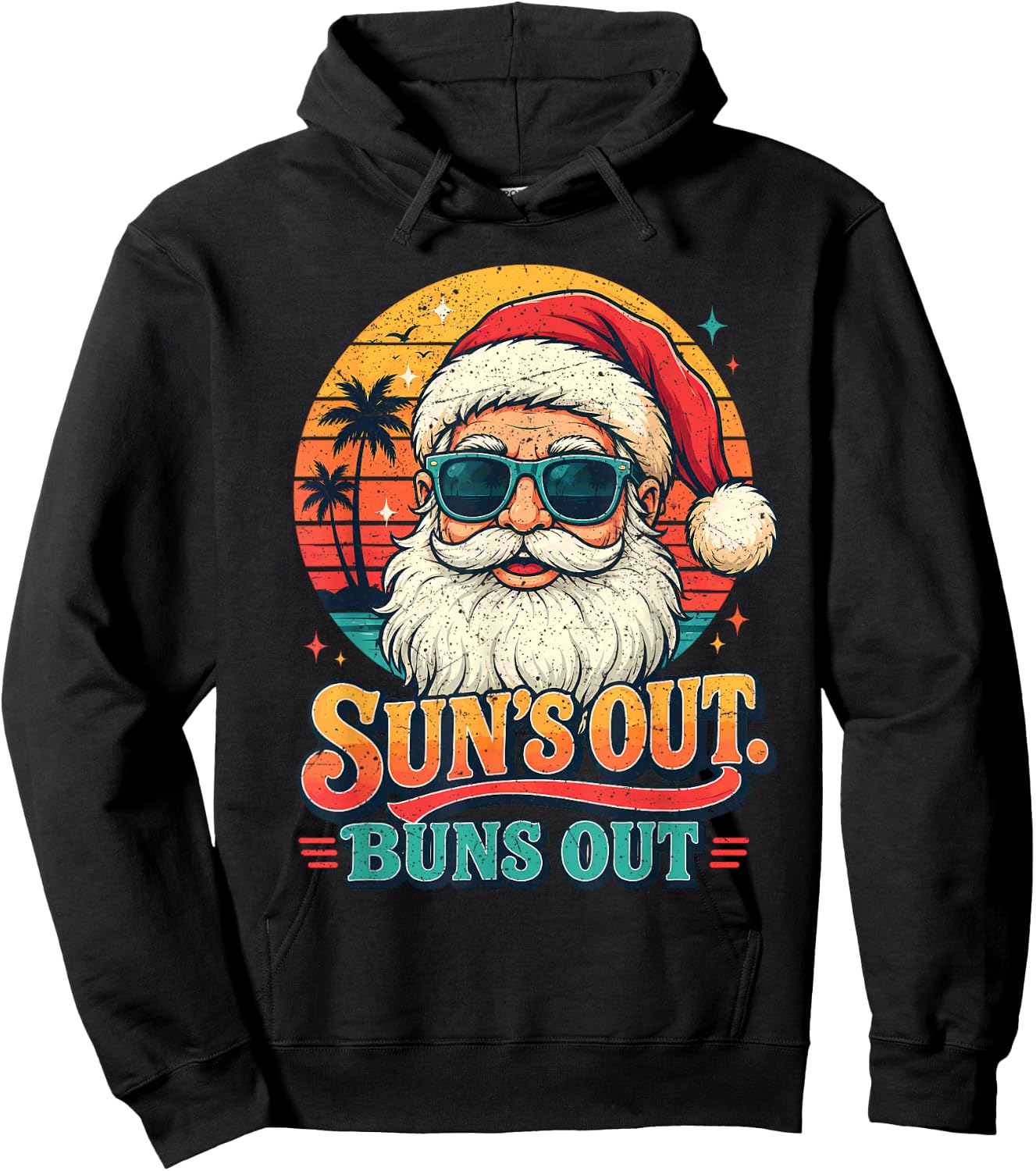 Christmas in July Suns Out Buns Out Vintage Beach Santa Hoodie - Hoodie | Black