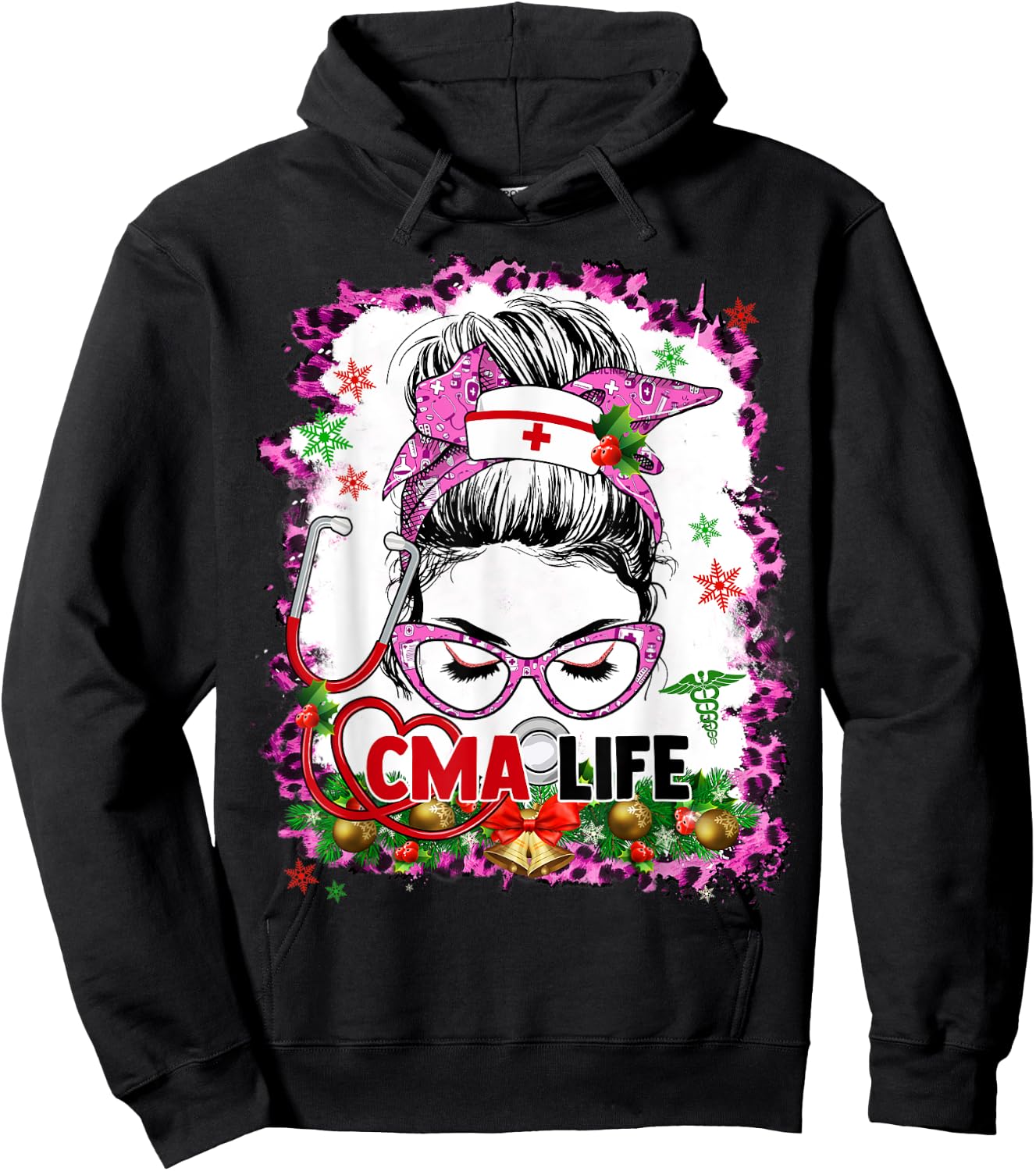 Messy Bun Mom CMA Life Funny Nursing Christmas Pajamas Hoodie - Hoodie | Black