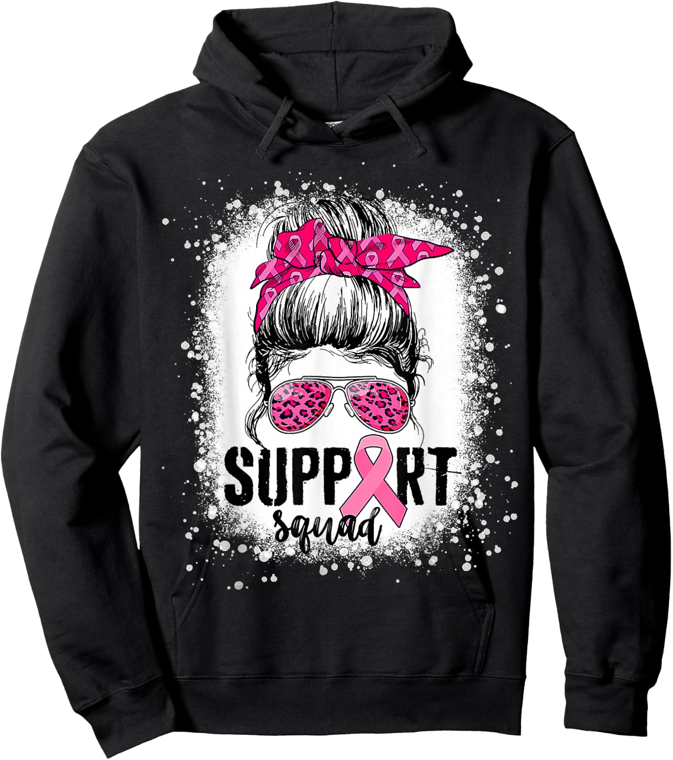 Support Squad Messy Bun Pink Warrior Breast Cancer Awareness Hoodie - Hoodie | Black