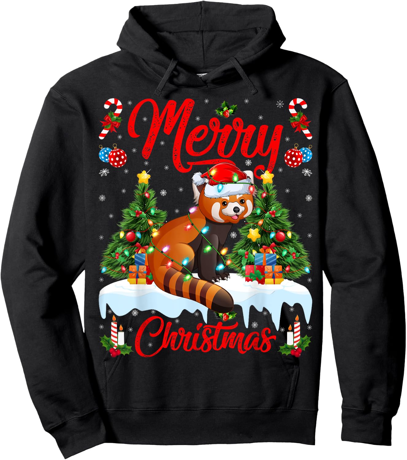 Red Panda Lover Xmas Lighting Santa Hat Red Panda Christmas Hoodie - Hoodie | Black