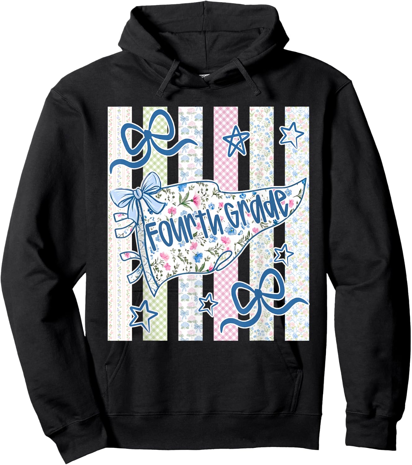 Striped Preppy Fourth Grade Back to School Teacher Girl Kids Hoodie - Hoodie | Black