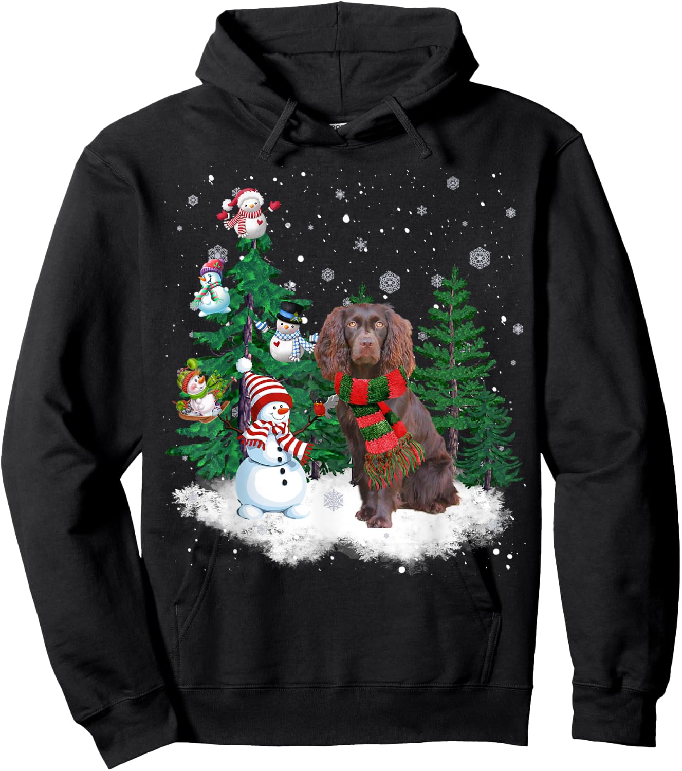 Boykin Spaniel Dog Christmas Snowman Xmas Tree Pajama Hoodie - Hoodie | Black