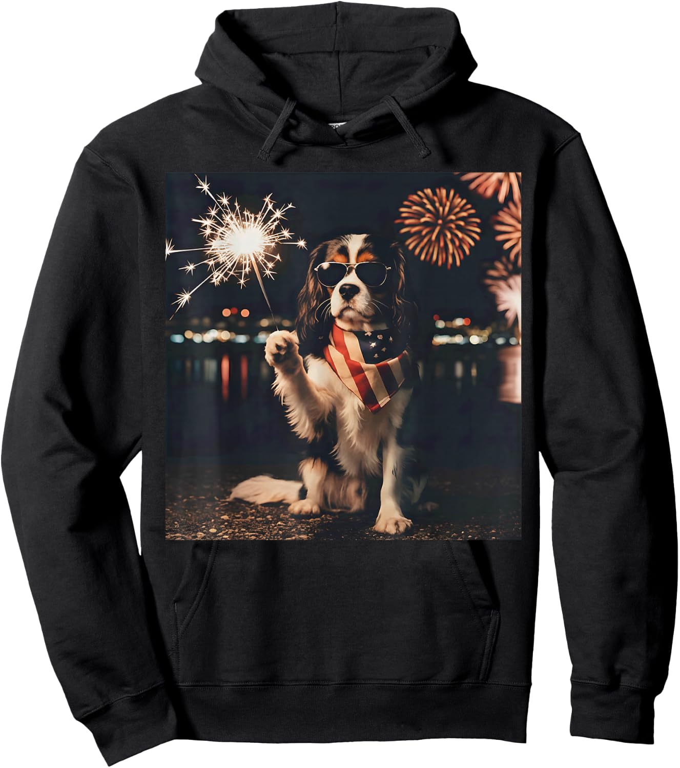 Patriotic Cavalier King Charles Spaniel Fireworks 4th July Hoodie - Hoodie | Black