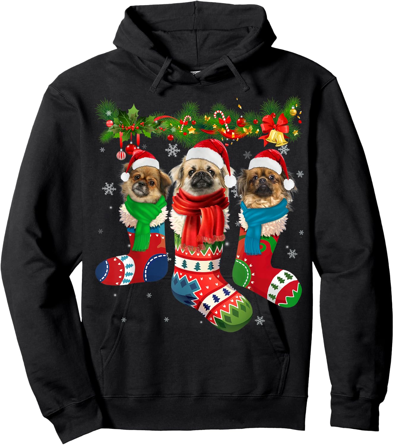 Three Tibetan spaniels In Christmas Socks Hoodie - Hoodie | Black