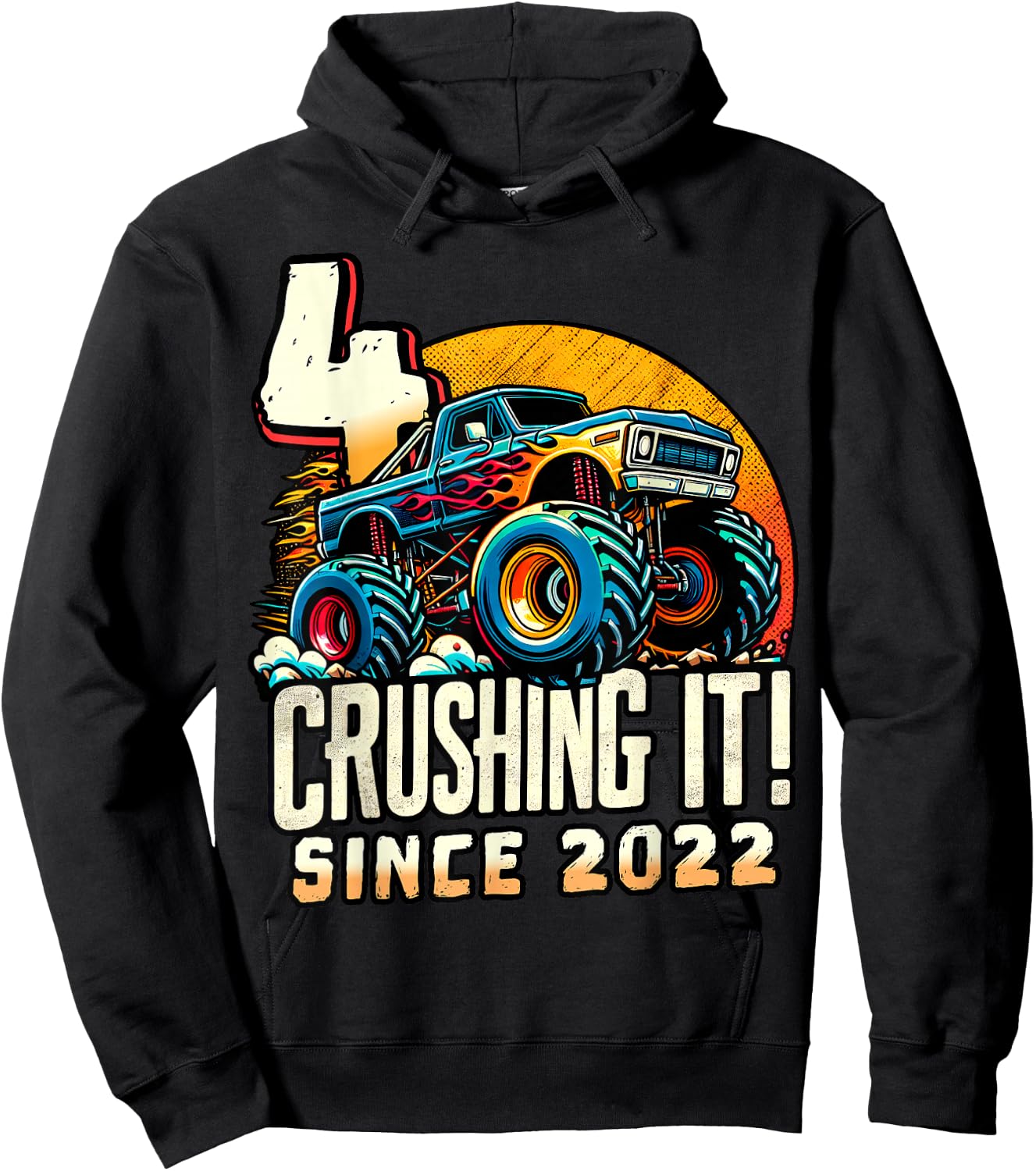 Birthday Monster Truck 4 Year Old Boys 4th Party Born 2022 Hoodie - Hoodie | Black