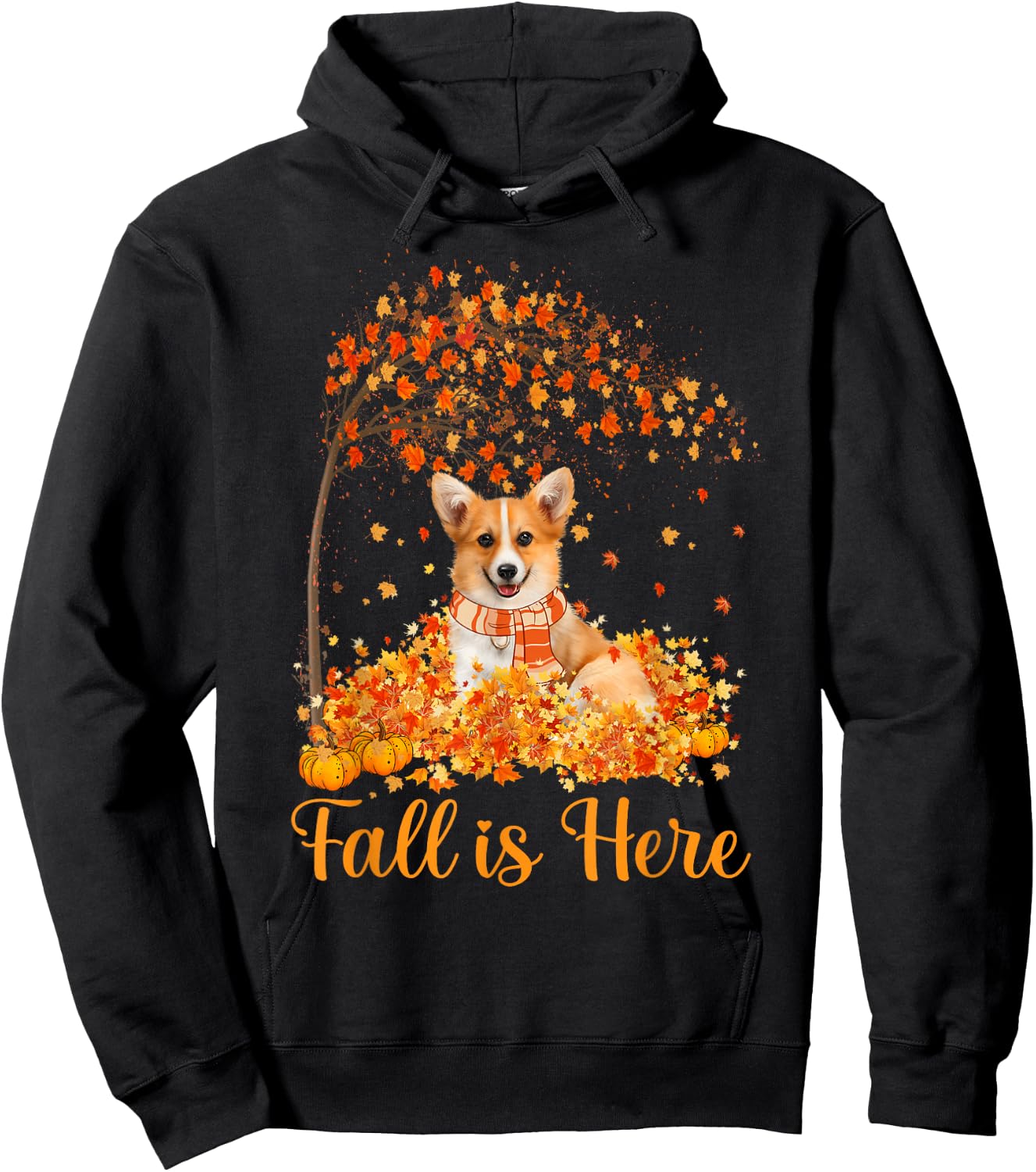 Fall Is Here Corgi Jumping On Autumn Leaf Pumpkin Dog Lovers Hoodie - Hoodie | Black