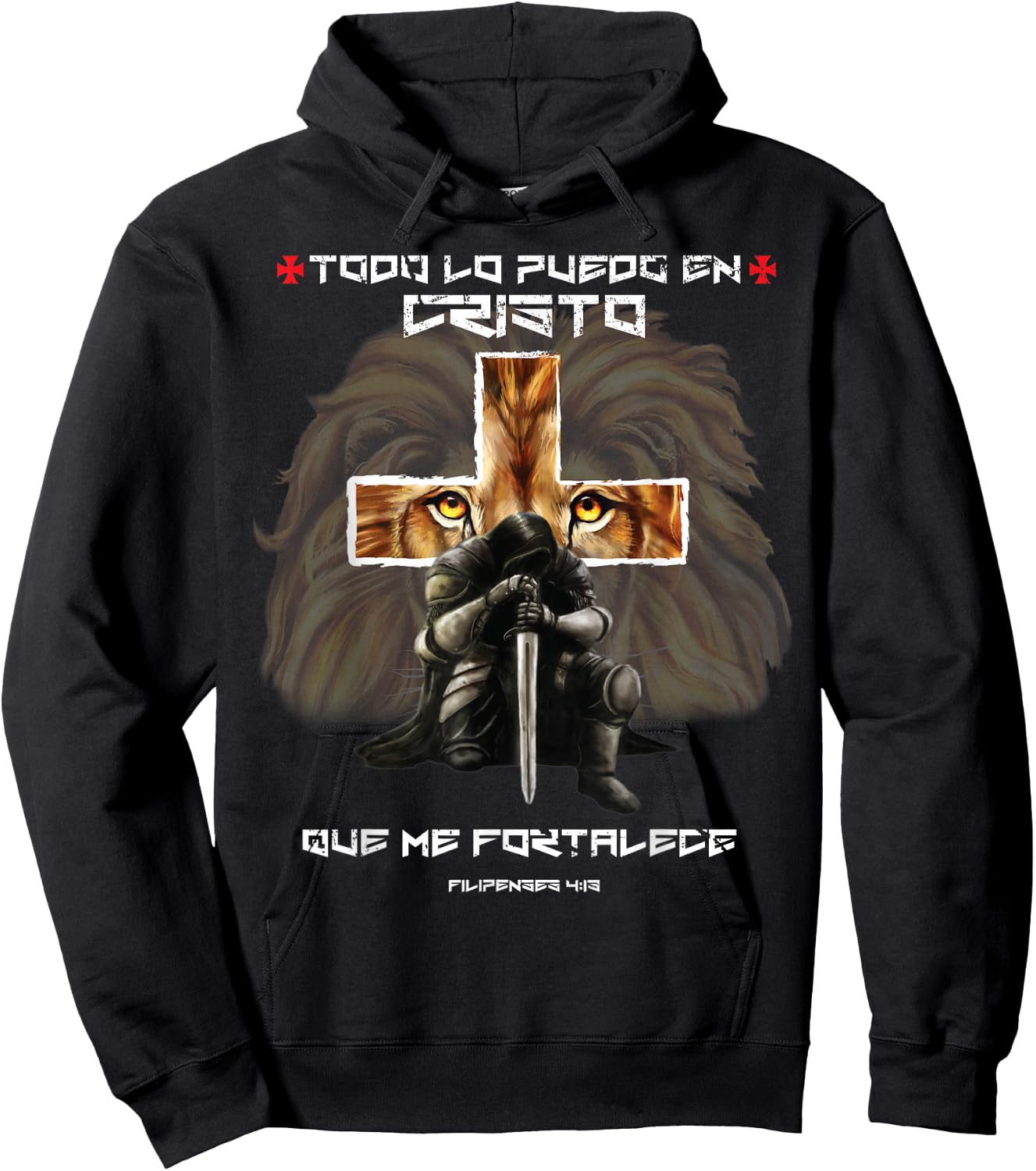 Español Spanish Christian Gifts Cross Lion Filipenses 4:13 Hoodie - Hoodie | Black
