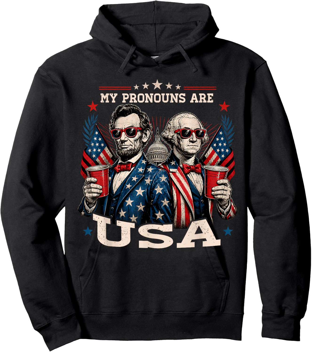 Funny 4th of July Lincoln Washington USA American Men Women Hoodie - Hoodie | Black