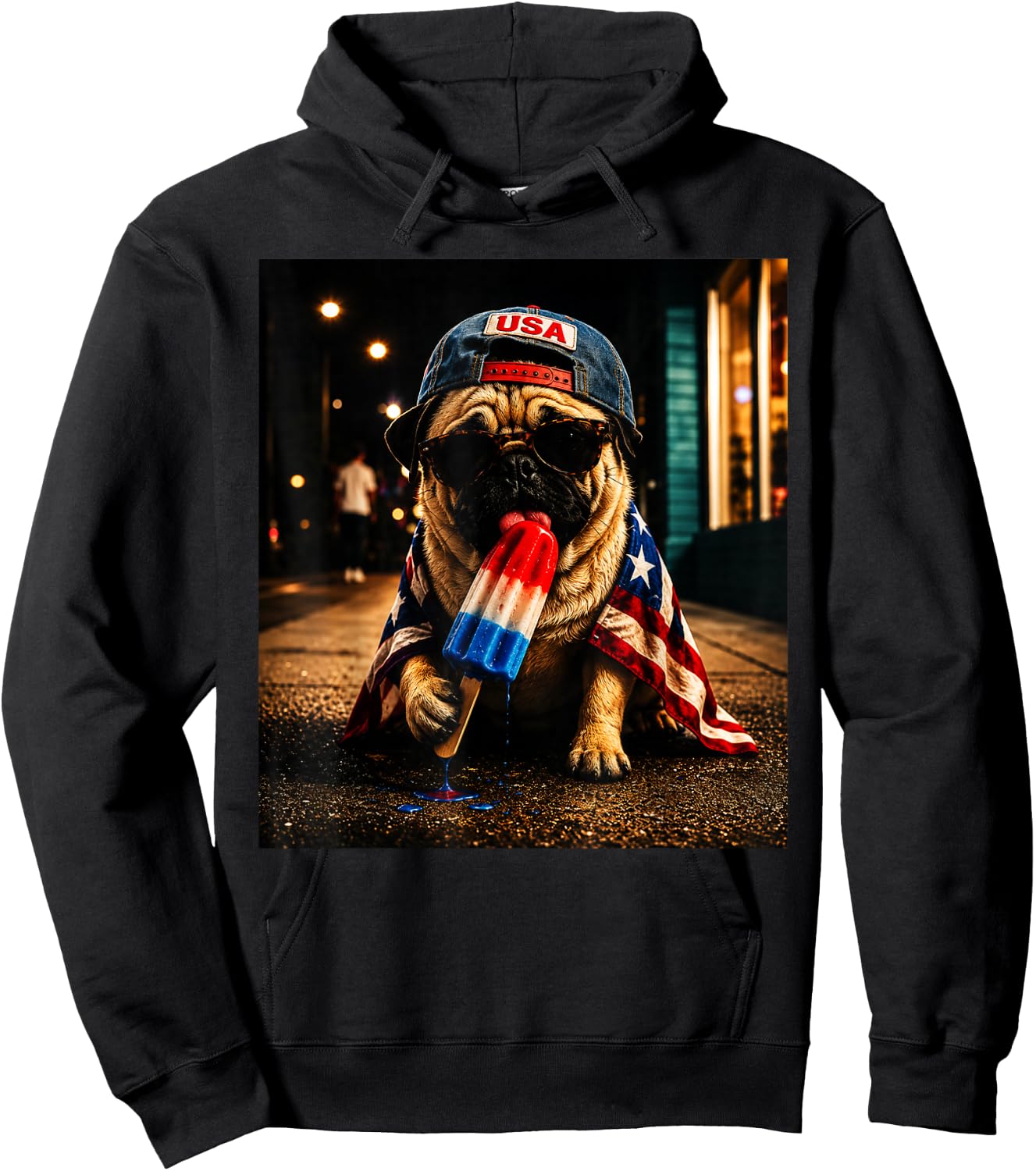 Patriotic Pug Dog with American Flag and Popsicle Art Hoodie - Hoodie | Black