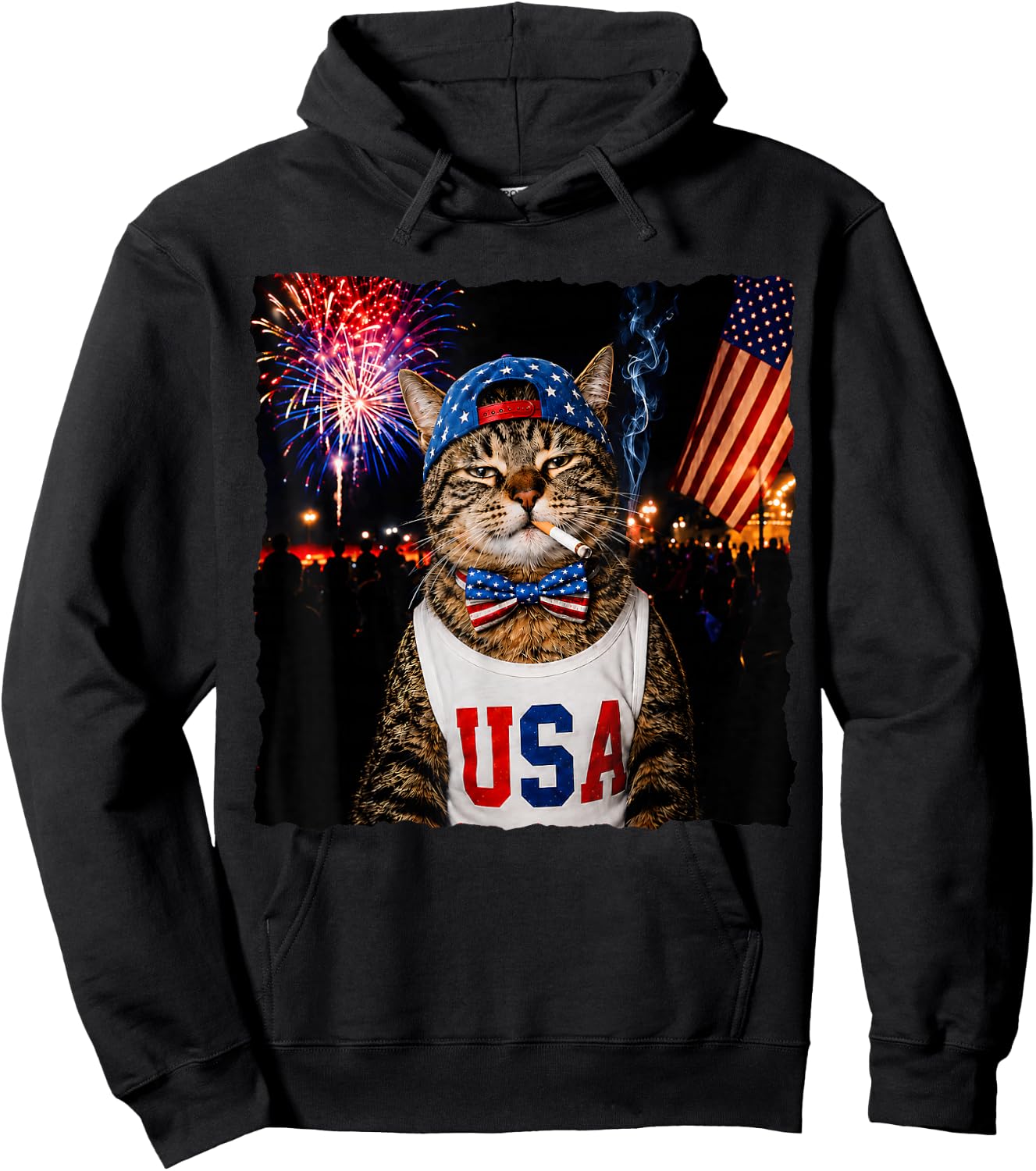 Patriotic Smoking Cat Funny 4th of July USA Flag Cat Lover Hoodie - Hoodie | Black