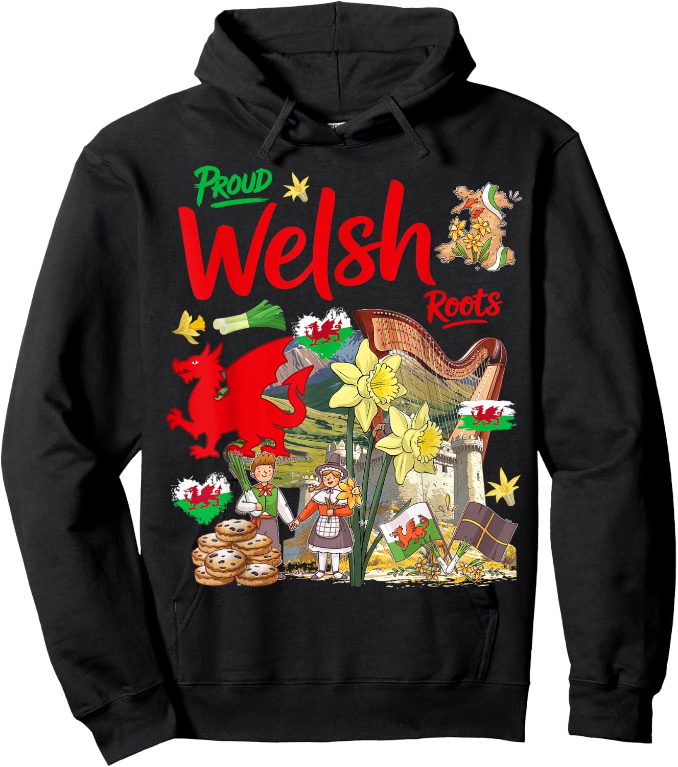 Welsh Roots Idea for Kids Wales Culture Theme with Daffodils Hoodie - Hoodie | Black
