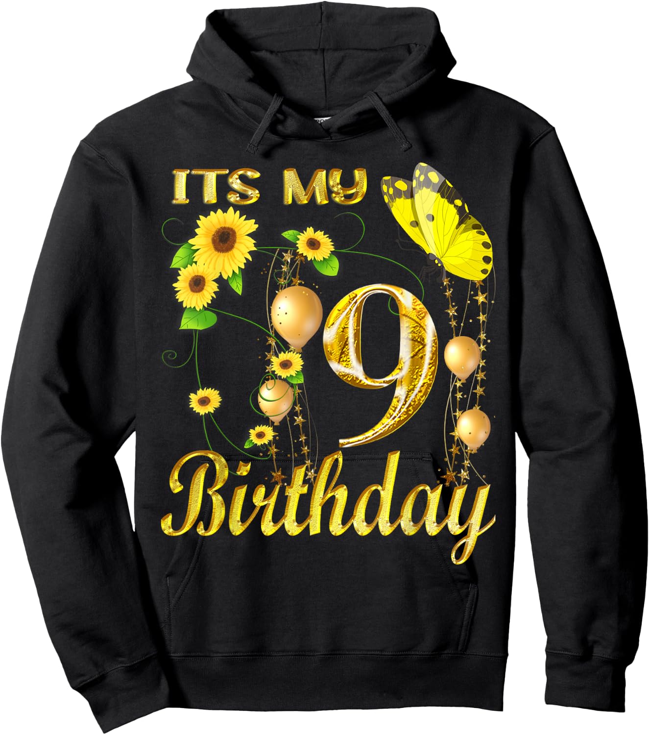 Its My 9th Birthday 9 Year Old Girl Sunflower Butterfly Hoodie - Hoodie | Black