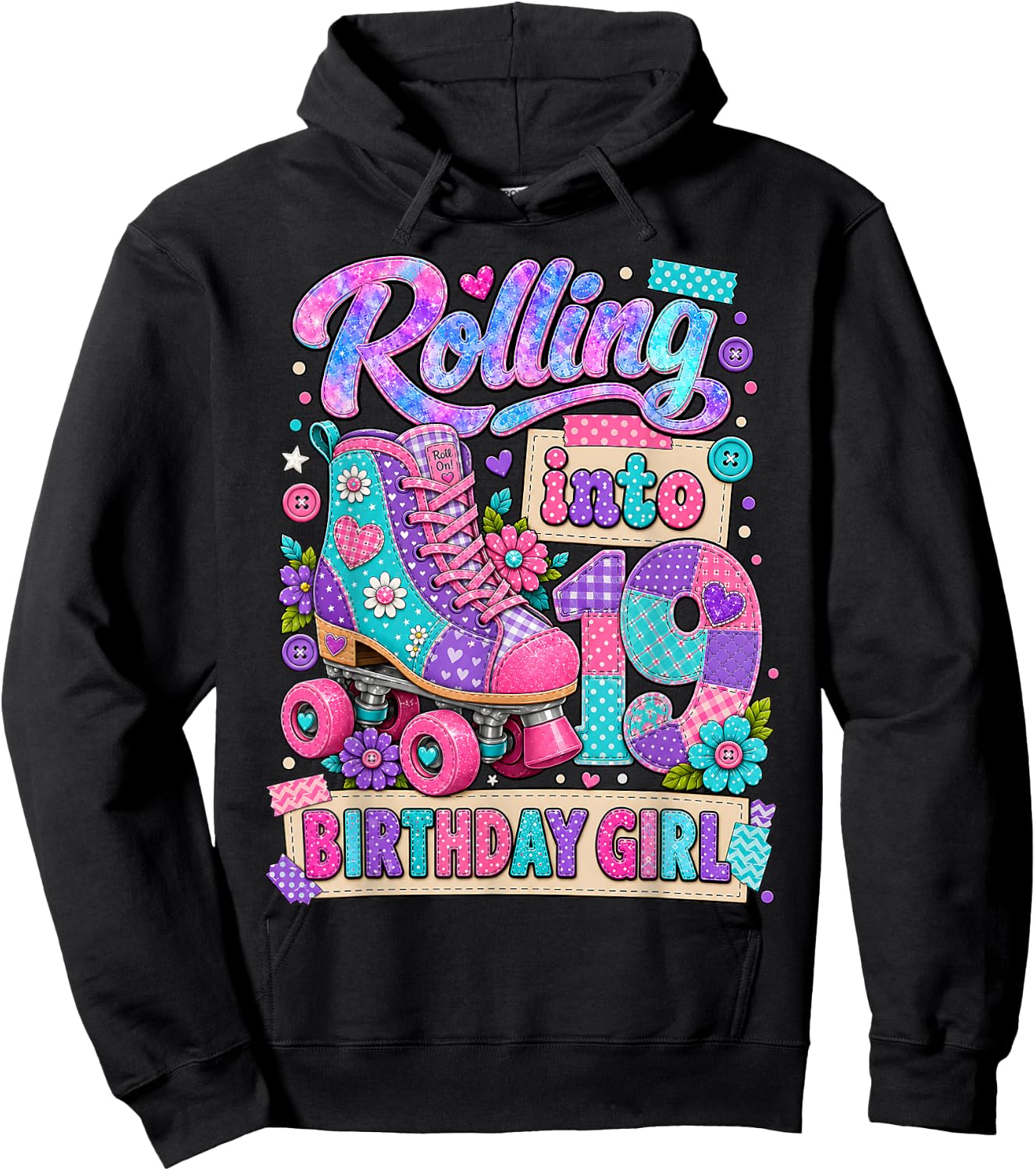Rolling Into 19 Years Old Roller Skating Girl 19th Birthday Hoodie - Hoodie | Black