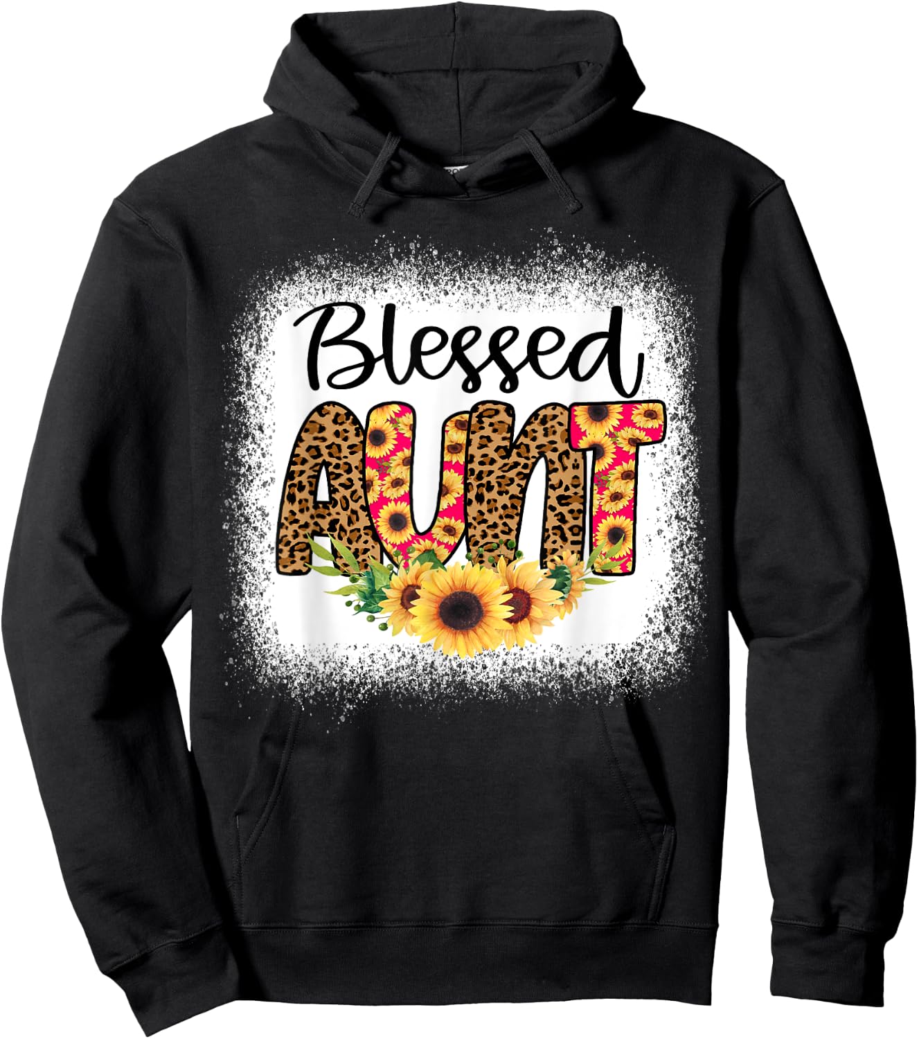 Blessed Aunt Women Bleached Cheetah Print Sunflowers Auntie Hoodie - Hoodie | Black