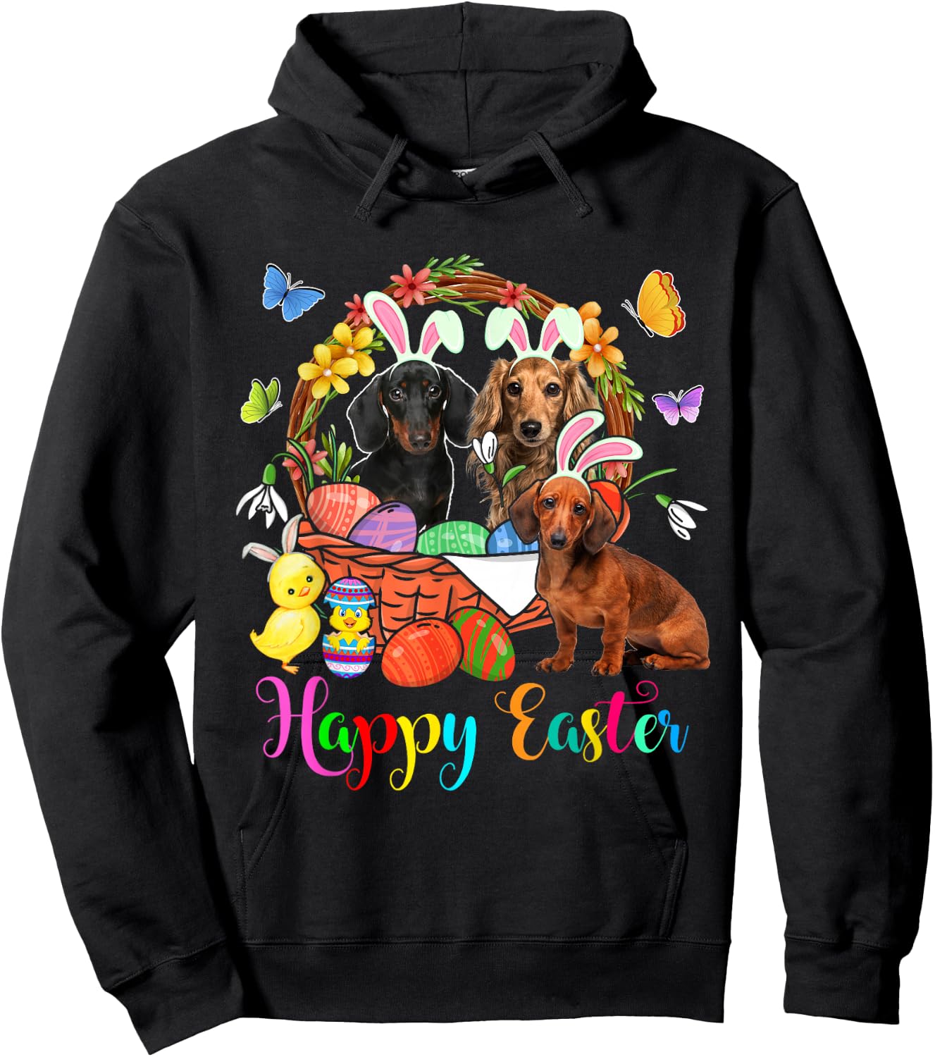 Three Bunny Dachshund Dogs In Easter Eggs Basket Hoodie - Hoodie | Black