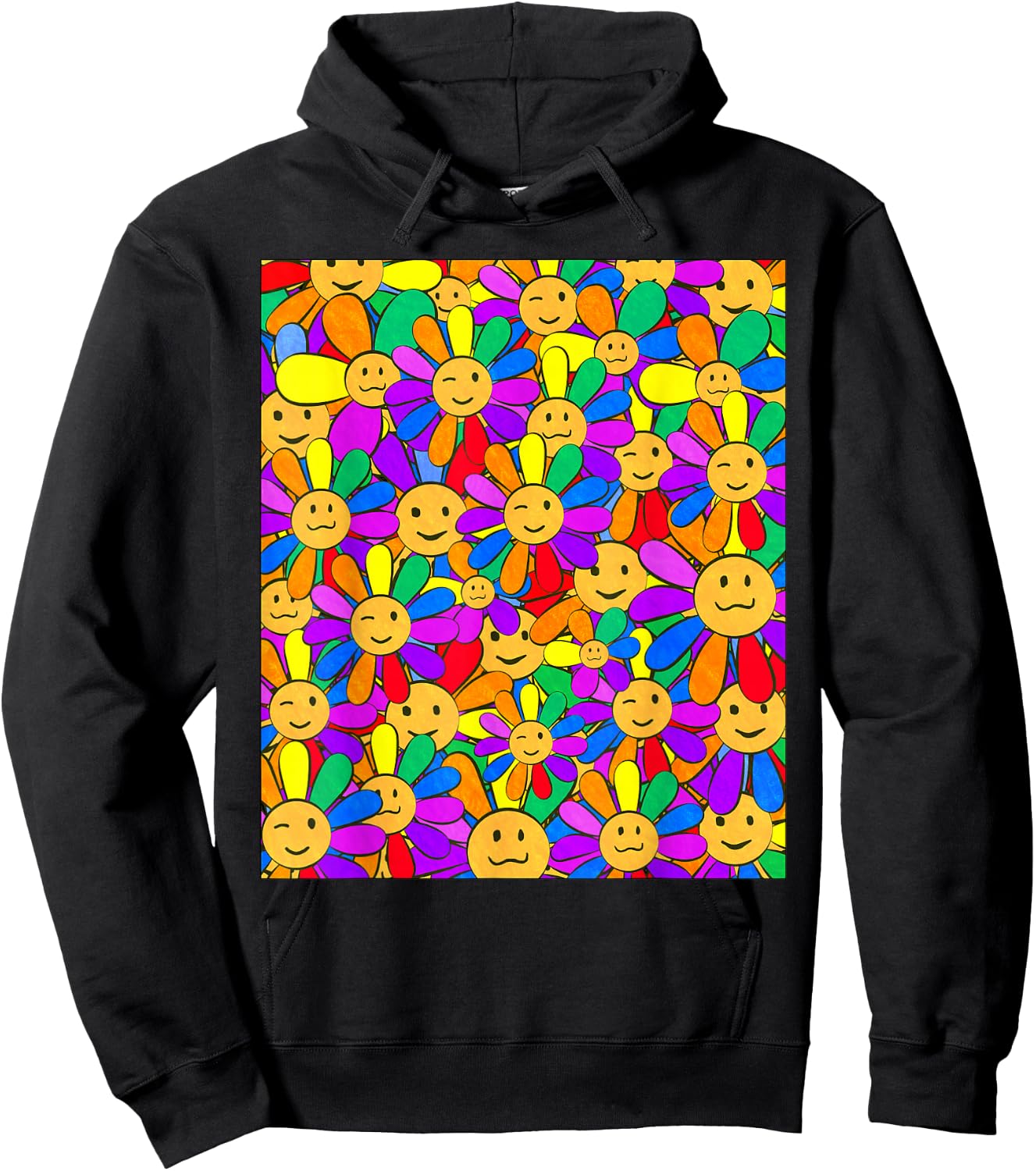 Kidcore Aesthetic Smiling Flowers Cute Kawaii Face Retro Hoodie - Hoodie | Black