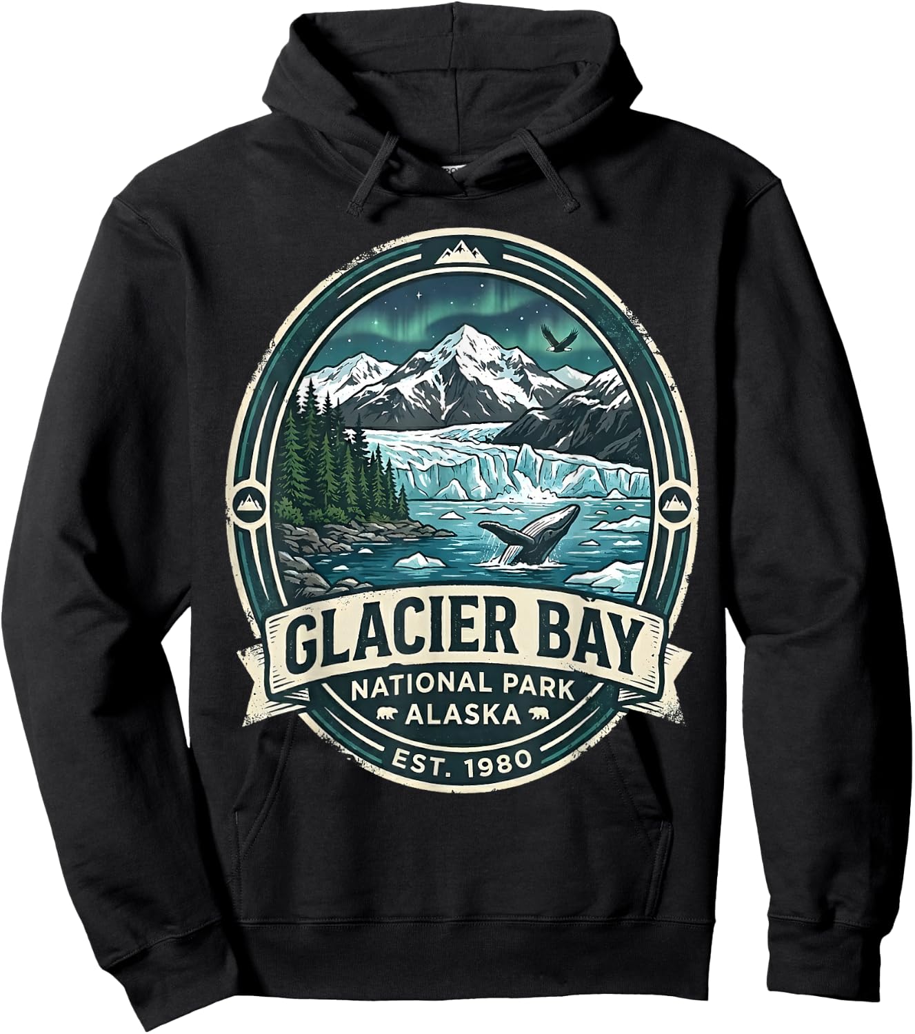 Glacier Bay National Park Alaska Vintage Whale & Mountains Hoodie - Hoodie | Black