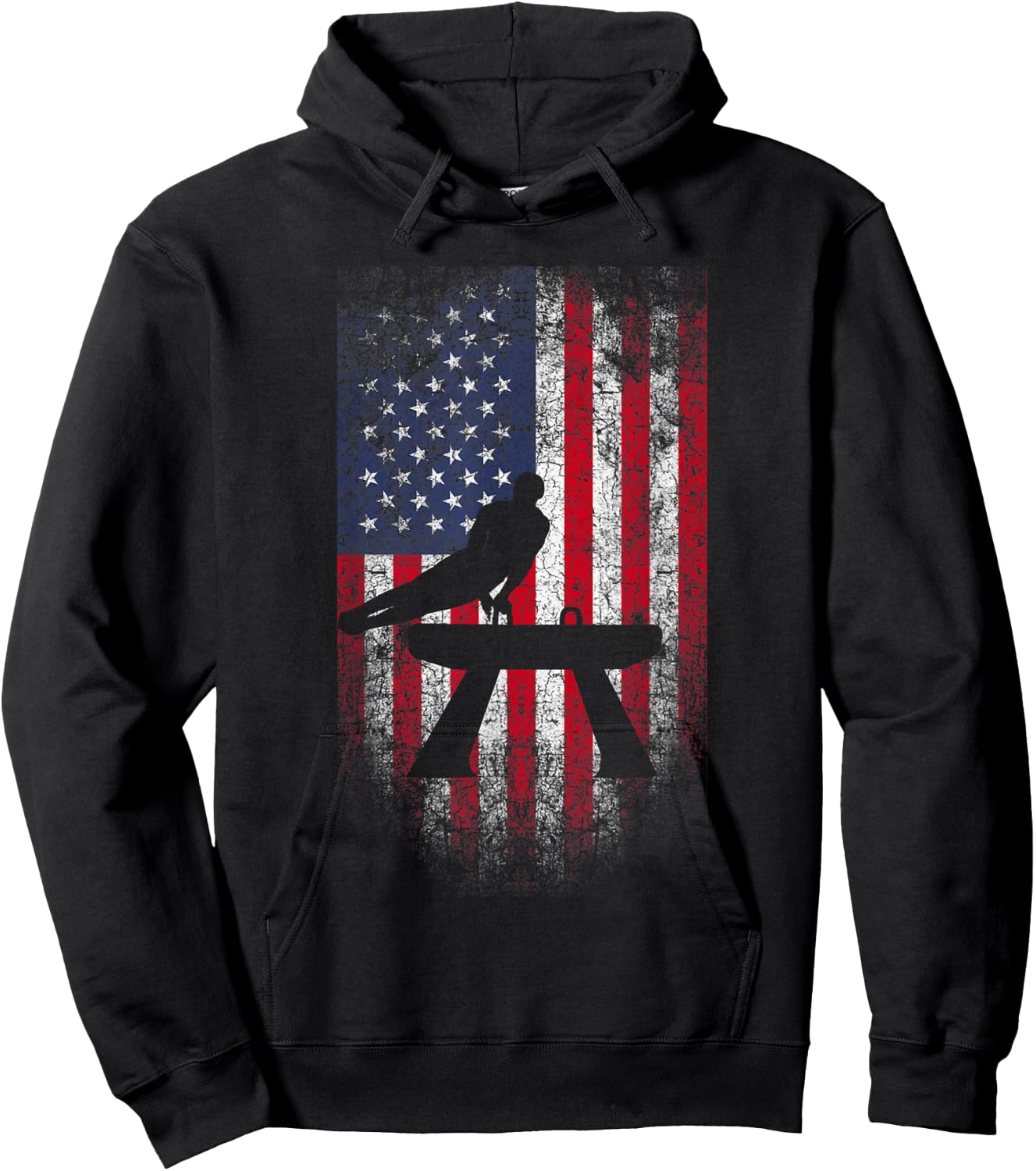 Gymnastics Pommel Horse USA American Flag Vintage Sports Women Kids Men Hoodie - Hoodie | Black
