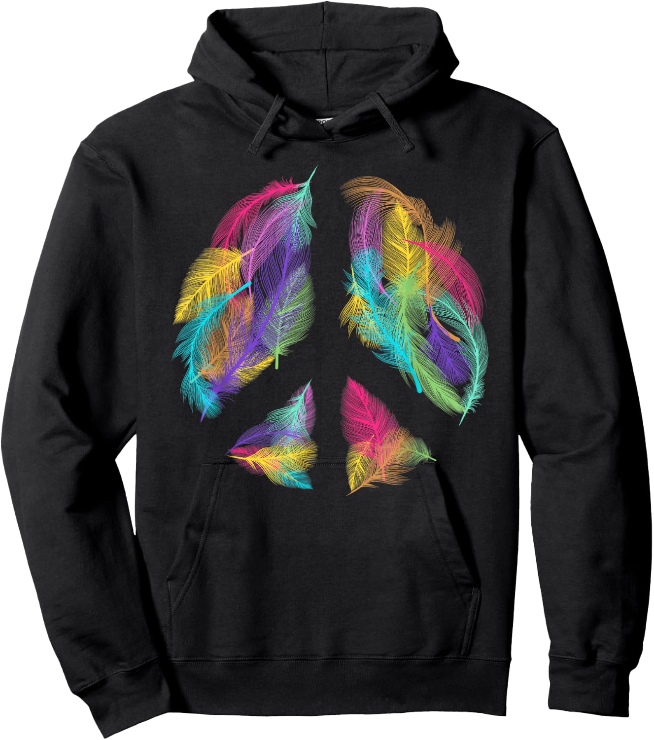 Peace Sign Colorful Feathers Hippie Peace Symbol Retro Hoodie - Hoodie | Black